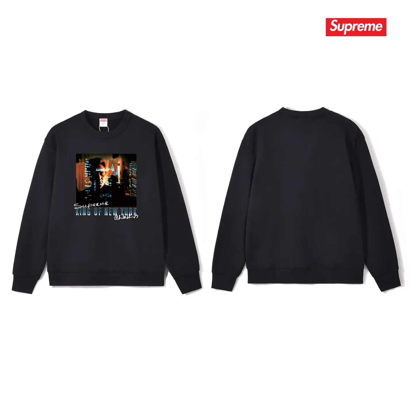 Style No. S1113 #terry p150💰 Velvet 160💰 Supreme SS19 Christopher Walken King Of NewYorkTee Navy New York King of New York printed round neck sweatshirt Made of 400 grams of large terry (drop shoulder large version) fabric, soft texture and no pilling Imported environmentally friendly printing glue The pattern is bright and three-dimensional Quality 💥Same style for men and women The upper body is trendy Color: black white gray Size: S M L XL XXL
