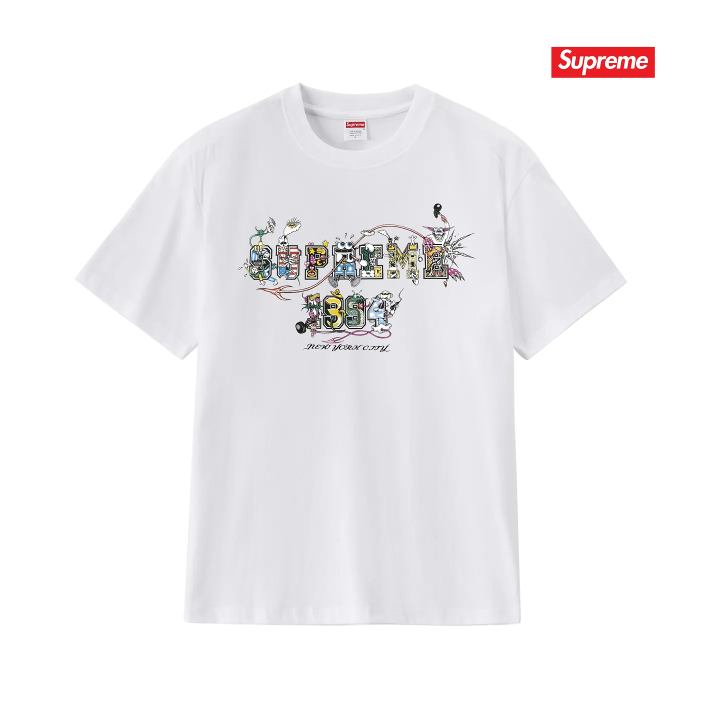 S165 P110💰 Sup SS24 summer T-shirt series WEEK19 cartoon logo letter printed pure cotton round neck short-sleeved T-shirt. Loose fit. Made of 260g combed cotton double yarn. From fabric to accessories, all three standards are complete and follow ZP. Imported Matsui company's slurry printing will never crack. The whole piece adopts three-needle five-thread technology. The collar-shoulder seam-sleeve seam is double-lined, which looks more three-dimensional and textured.) The same process as the original version, classic version Feel free to compare zp. The whole piece adopts three-needle five-thread craftsmanship (neckline-shoulder seam-sleeve seam double thread, which looks more three-dimensional and textured). It has the same craftsmanship as the original original, classic version. Color: black, white, light gray, navy blue, pink. Size: S M L XL XXL