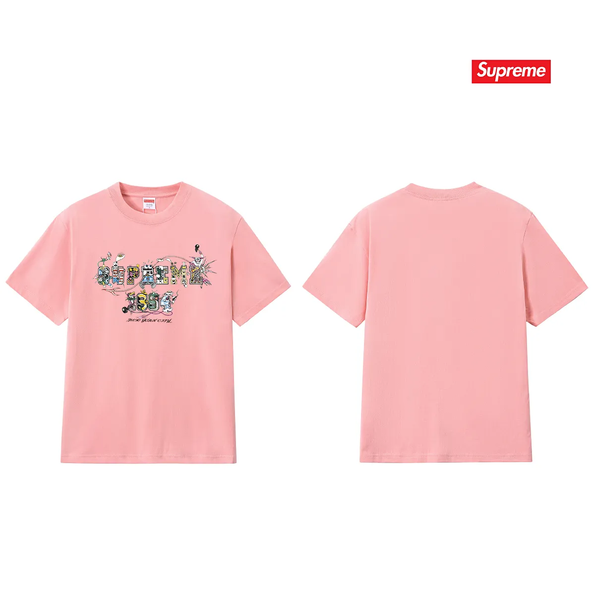 S165 P110💰 Sup SS24 summer T-shirt series WEEK19 cartoon logo letter printed pure cotton round neck short-sleeved T-shirt. Loose fit. Made of 260g combed cotton double yarn. From fabric to accessories, all three standards are complete and follow ZP. Imported Matsui company's slurry printing will never crack. The whole piece adopts three-needle five-thread technology. The collar-shoulder seam-sleeve seam is double-lined, which looks more three-dimensional and textured.) The same process as the original version, classic version Feel free to compare zp. The whole piece adopts three-needle five-thread craftsmanship (neckline-shoulder seam-sleeve seam double thread, which looks more three-dimensional and textured). It has the same craftsmanship as the original original, classic version. Color: black, white, light gray, navy blue, pink. Size: S M L XL XXL