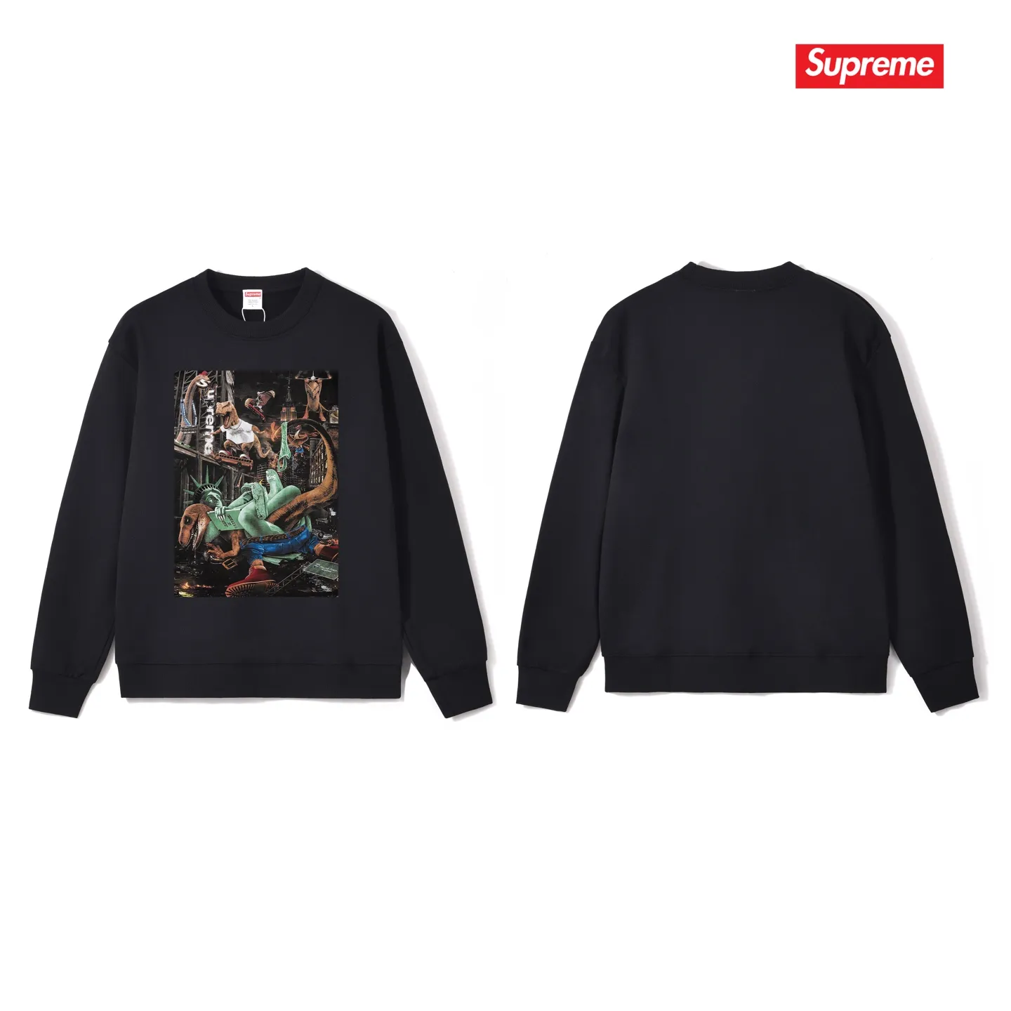 Style No. S1125 #terry p150💰 Velvet 160💰 Supreme 23SS T-REX TEE Tyrannosaurus City Battle Statue of Liberty Round Neck Sweater Made of 400 grams of large terry (drop shoulder large version) fabric, soft texture and no pilling Imported environmentally friendly printing glue The pattern is bright and three-dimensional Quality 💥Same style for men and women The upper body is fashionable Color: Black White Gray Size: S M L XL XXL