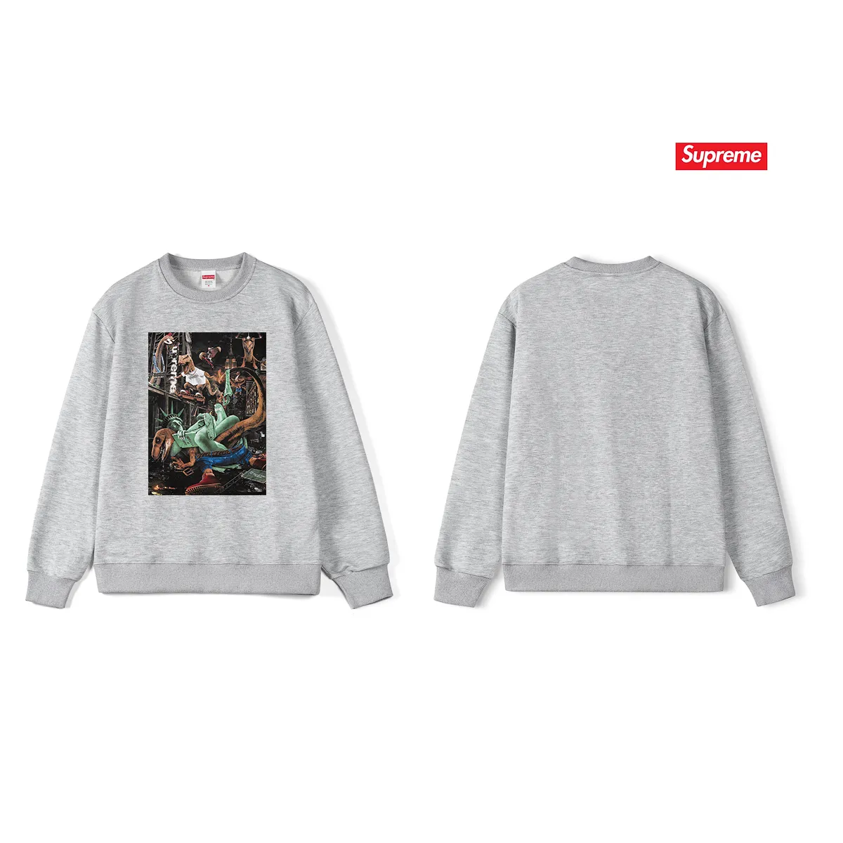 Style No. S1125 #terry p150💰 Velvet 160💰 Supreme 23SS T-REX TEE Tyrannosaurus City Battle Statue of Liberty Round Neck Sweater Made of 400 grams of large terry (drop shoulder large version) fabric, soft texture and no pilling Imported environmentally friendly printing glue The pattern is bright and three-dimensional Quality 💥Same style for men and women The upper body is fashionable Color: Black White Gray Size: S M L XL XXL