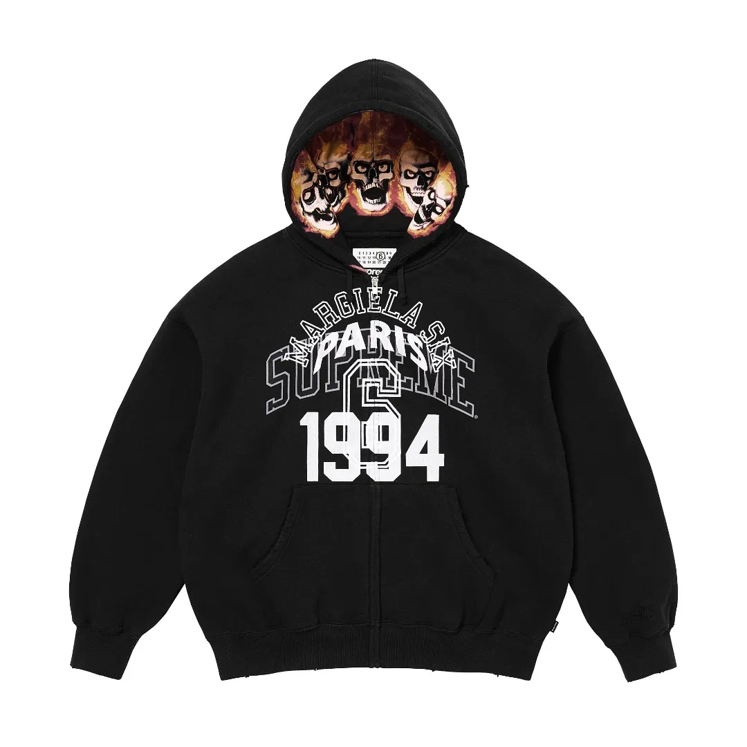 🅿️520 S262 top version Supreme 24ss MM6 Margiela joint skull and will-o'-the-wisp zipper hoodie ZP test custom weaving and dyeing pure cotton 460G fleece main fabric garment destruction treatment Printing uses thermoset ink printing, also known as plastic ink, or self-adhesive ink. Its ingredients are: mainly composed of polyvinyl chloride (PVC) and phthalates. PVC and phthalates, color fixing agents, stabilizers, and thickeners are mixed to form thermoset ink. It is not the digital direct printing advertised on the market. The printing texture of thermoset ink is unachievable by digital direct printing. Customized ZP co-branding YKK zipper/main label/wash label/tag/packaging bag (equipped with extra-large thickened handbag) There is a probability of passing the inspection version, and the original packaging picture has a high probability of passing Size: S-XL