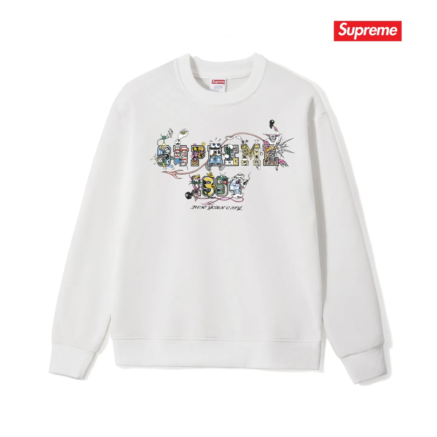 Style No. S1165 #terry p150💰 Velvet 160💰 Supreme SS24 WEEK19 Varsity Tee Cartoon logo letter printing round neck sweatshirt Made of 400g large terry (drop shoulder large version) fabric, soft texture and no pilling Imported environmentally friendly printing glue The pattern is bright and three-dimensional Quality 💥Same style for men and women The upper body is trendy Color: black white gray Size: S M L XL XXL
