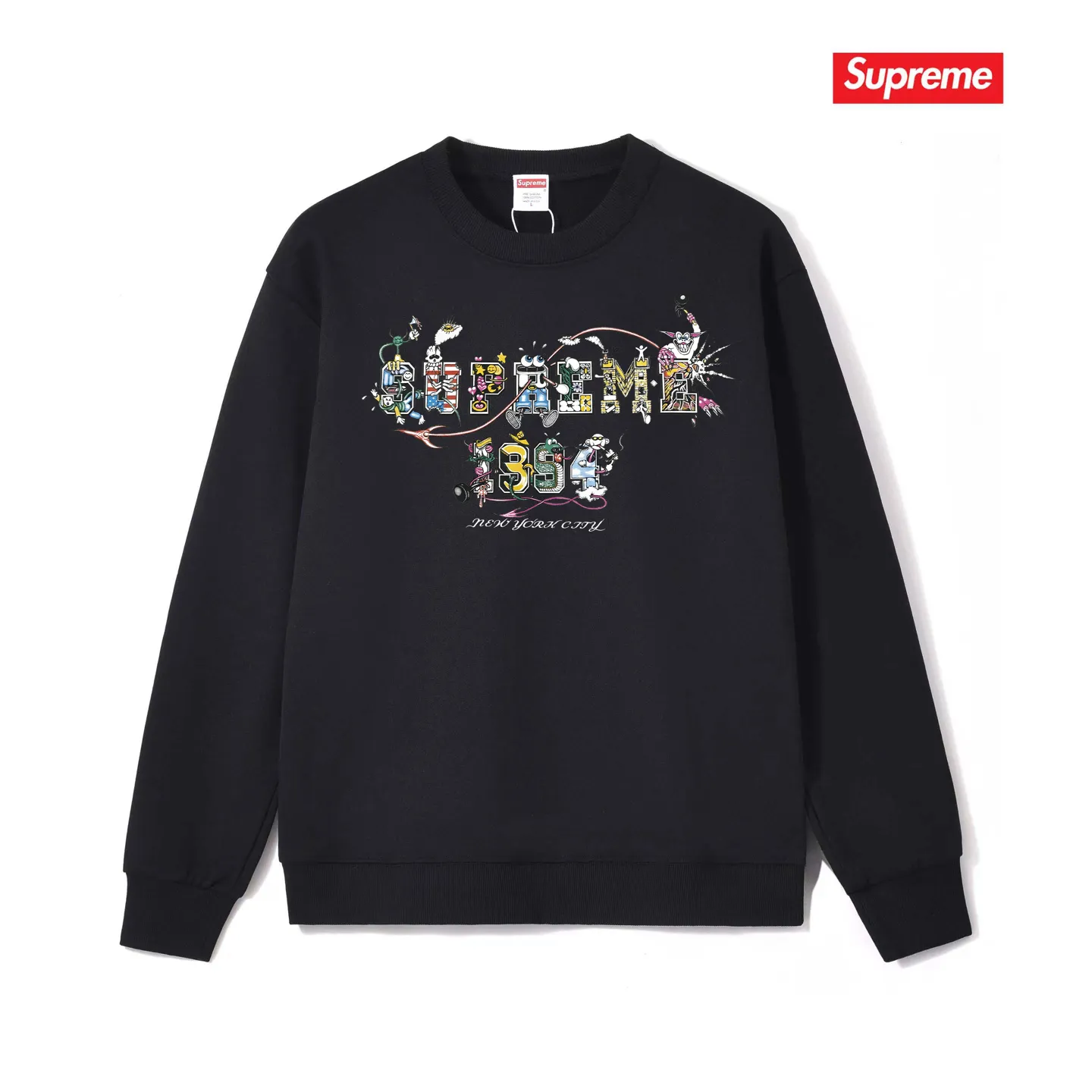 Style No. S1165 #terry p150💰 Velvet 160💰 Supreme SS24 WEEK19 Varsity Tee Cartoon logo letter printing round neck sweatshirt Made of 400g large terry (drop shoulder large version) fabric, soft texture and no pilling Imported environmentally friendly printing glue The pattern is bright and three-dimensional Quality 💥Same style for men and women The upper body is trendy Color: black white gray Size: S M L XL XXL
