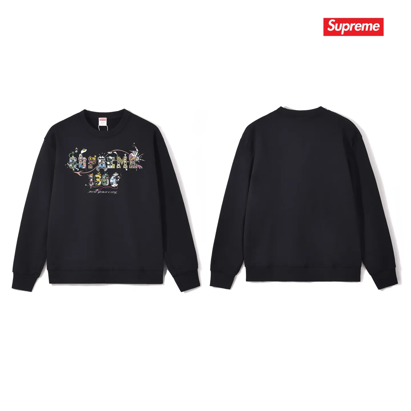 Style No. S1165 #terry p150💰 Velvet 160💰 Supreme SS24 WEEK19 Varsity Tee Cartoon logo letter printing round neck sweatshirt Made of 400g large terry (drop shoulder large version) fabric, soft texture and no pilling Imported environmentally friendly printing glue The pattern is bright and three-dimensional Quality 💥Same style for men and women The upper body is trendy Color: black white gray Size: S M L XL XXL