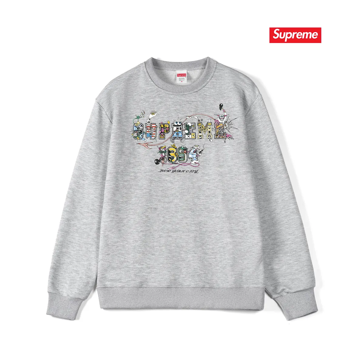 Style No. S1165 #terry p150💰 Velvet 160💰 Supreme SS24 WEEK19 Varsity Tee Cartoon logo letter printing round neck sweatshirt Made of 400g large terry (drop shoulder large version) fabric, soft texture and no pilling Imported environmentally friendly printing glue The pattern is bright and three-dimensional Quality 💥Same style for men and women The upper body is trendy Color: black white gray Size: S M L XL XXL