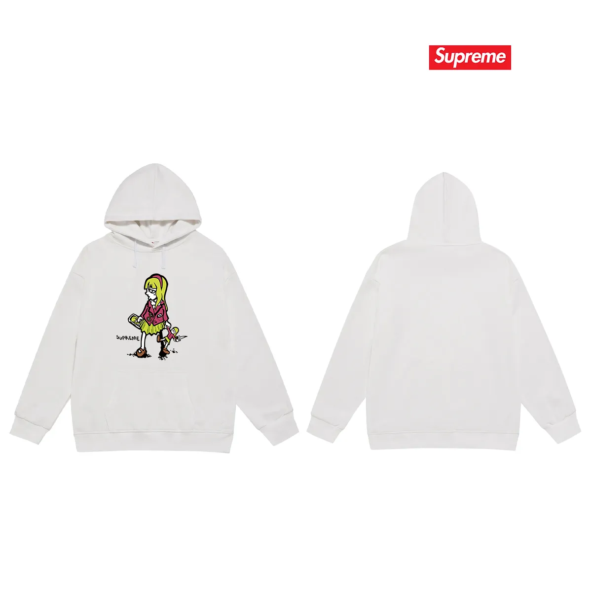 Style No. S2134 #terry P160💰 Velvet P170💰 Supreme 19SS Suzie Switchblade Tee Suzie little girl printed hooded sweatshirt Made of 400g large terry 430g silver fox velvet (drop shoulder large version) fabric, soft texture and no pilling Imported environmentally friendly printing glue The pattern is bright and three-dimensional Quality 💥Same style for men and women The upper body is trendy Color: black white gray Size: S M L XL XXL