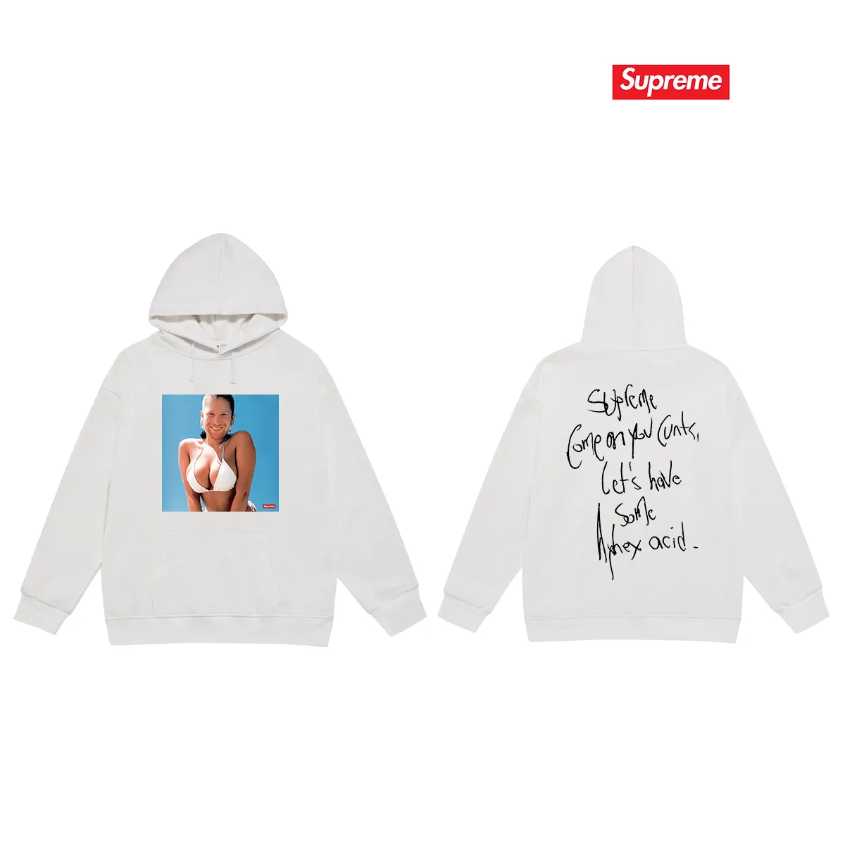 Style No. S2148 #terry P160💰 Velvet P170💰 Supreme 25SS Aphex Twin Tee singer character bikini album hooded sweatshirt Made of 400g large terry 430g silver fox velvet (off-shoulder large version) fabric, soft and non-pilling, imported environmentally friendly printing glue, bright and three-dimensional pattern, quality 💥Same style for men and women, the upper body is trendy Color: black white gray Size: S M L XL XXL