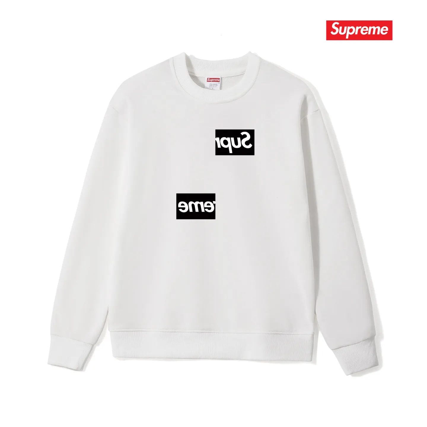 Style No. S1220 #terryp150💰 Plush 160💰 Sup co-branded limited edition chest asymmetrical box print men's and women's round neck sweatshirt. Made of 400 grams of large terry (drop shoulder large version) fabric. The texture is soft and non-pilling. Imported environmentally friendly printing glue. The pattern is bright and three-dimensional. The quality is the same for men and women. The upper body is trendy. Color: black white gray Size: S M L XL XXL