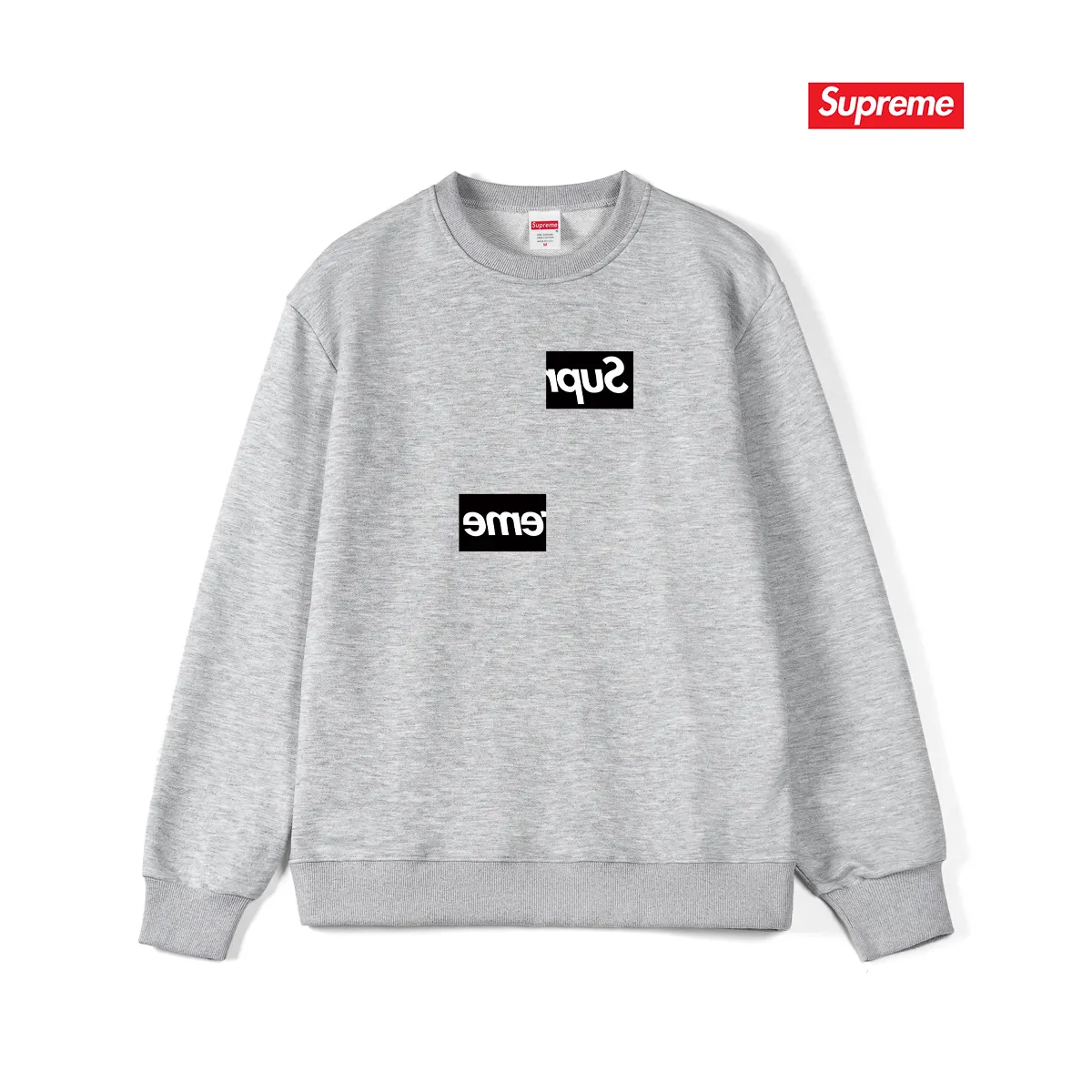 Style No. S1220 #terryp150💰 Plush 160💰 Sup co-branded limited edition chest asymmetrical box print men's and women's round neck sweatshirt. Made of 400 grams of large terry (drop shoulder large version) fabric. The texture is soft and non-pilling. Imported environmentally friendly printing glue. The pattern is bright and three-dimensional. The quality is the same for men and women. The upper body is trendy. Color: black white gray Size: S M L XL XXL
