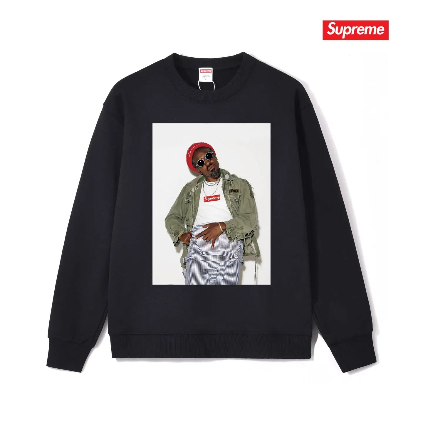 Style No. S1056 #terry p150💰 Velvet 160💰 Supreme FW22 Week1 André 3000 Tee André Benjamin photo character pattern print round neck sweatshirt Made of 400 grams of large terry (drop shoulder large version) fabric, soft texture and no pilling Imported environmentally friendly printing glue The pattern is bright and three-dimensional Quality 💥 Same style for men and women The upper body is trendy Color: black white gray Size: S M L XL XXL