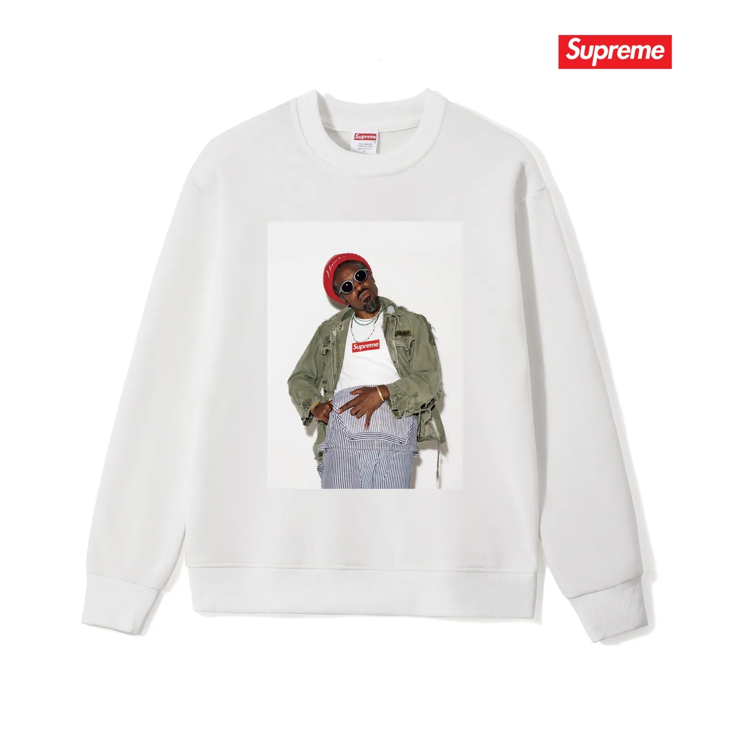 Style No. S1056 #terry p150💰 Velvet 160💰 Supreme FW22 Week1 André 3000 Tee André Benjamin photo character pattern print round neck sweatshirt Made of 400 grams of large terry (drop shoulder large version) fabric, soft texture and no pilling Imported environmentally friendly printing glue The pattern is bright and three-dimensional Quality 💥 Same style for men and women The upper body is trendy Color: black white gray Size: S M L XL XXL