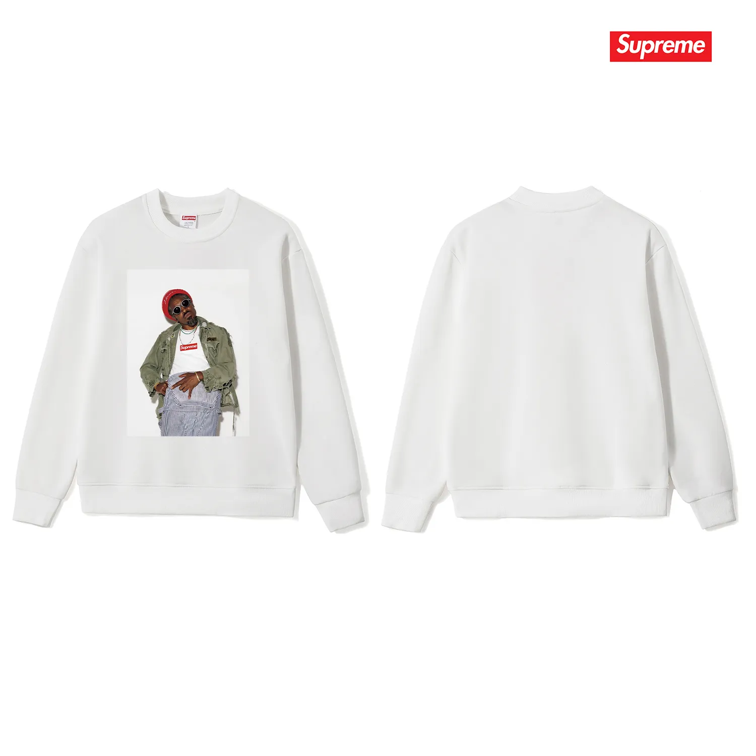 Style No. S1056 #terry p150💰 Velvet 160💰 Supreme FW22 Week1 André 3000 Tee André Benjamin photo character pattern print round neck sweatshirt Made of 400 grams of large terry (drop shoulder large version) fabric, soft texture and no pilling Imported environmentally friendly printing glue The pattern is bright and three-dimensional Quality 💥 Same style for men and women The upper body is trendy Color: black white gray Size: S M L XL XXL