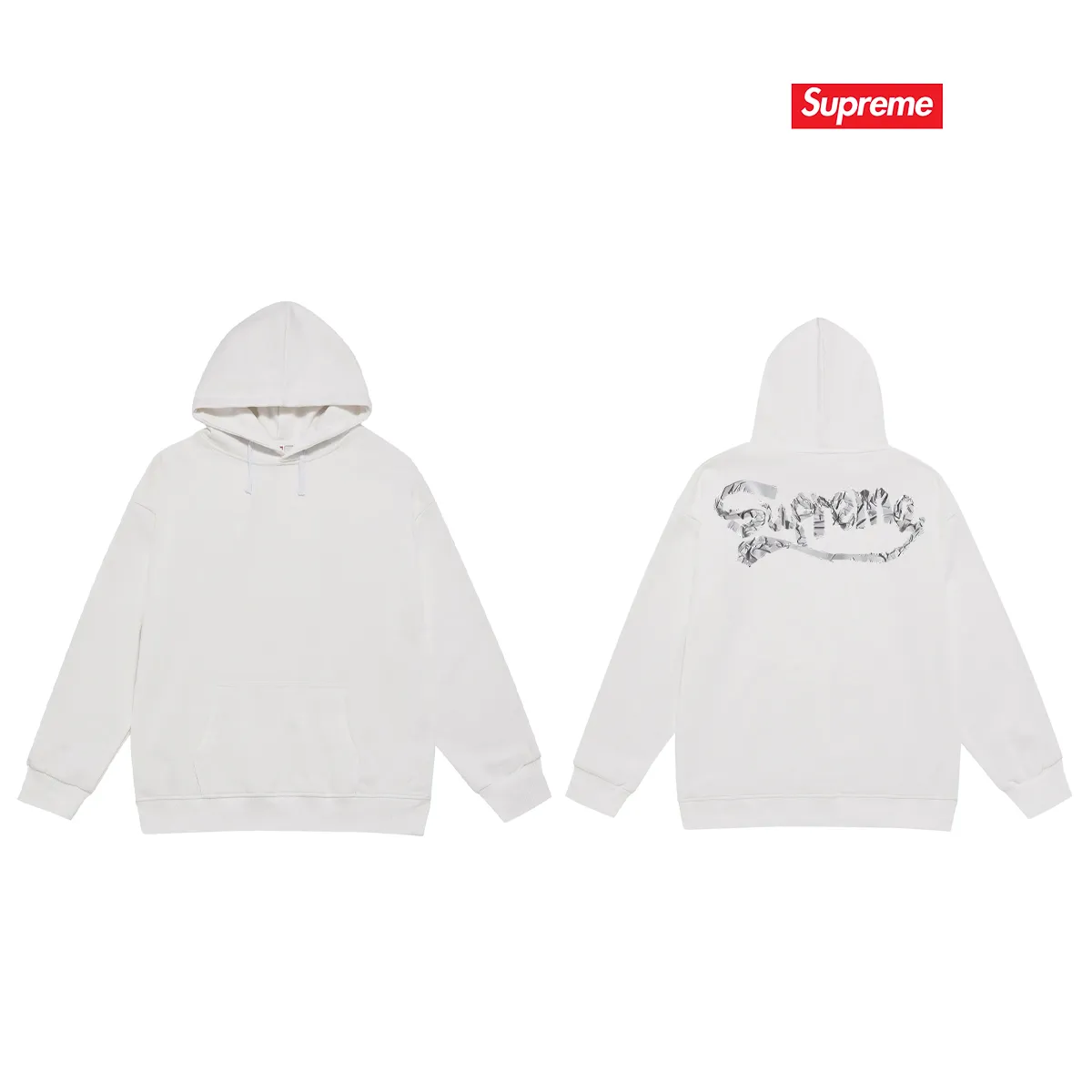 Style No. S2216 #terry P160💰 Velvet P170💰 Sup 80SS Tape Tee Logo printing on the back Hooded sweatshirt Made of 400g large terry 430g silver fox velvet (off-shoulder large version) fabric Soft texture and no pilling Imported environmentally friendly printing glue The pattern is bright and three-dimensional Quality 💥Same style for men and women The upper body is trendy Color: black white gray Size: S M L XL XXL