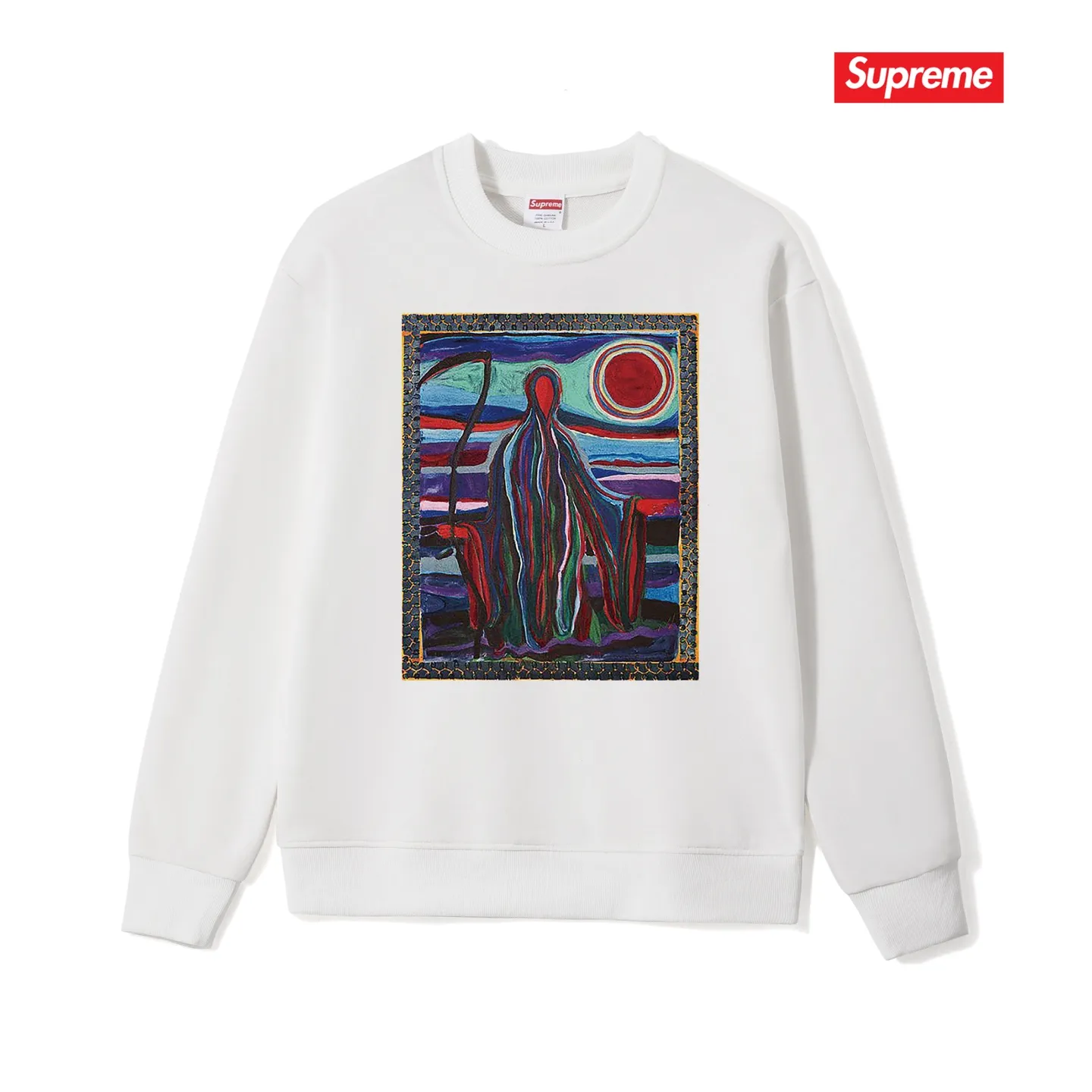 Style No. S1040 #terryp150💰 Velvet 160💰 Supreme SS19 Reaper Tee Reaper print crew neck sweatshirt Made of 400g large terry (drop shoulder large version) fabric, soft and non-pilling texture, imported environmentally friendly printing glue, bright and three-dimensional pattern, quality 💥unisex style, trendy upper body, color: black, white, gray, size: S M L XL XXL