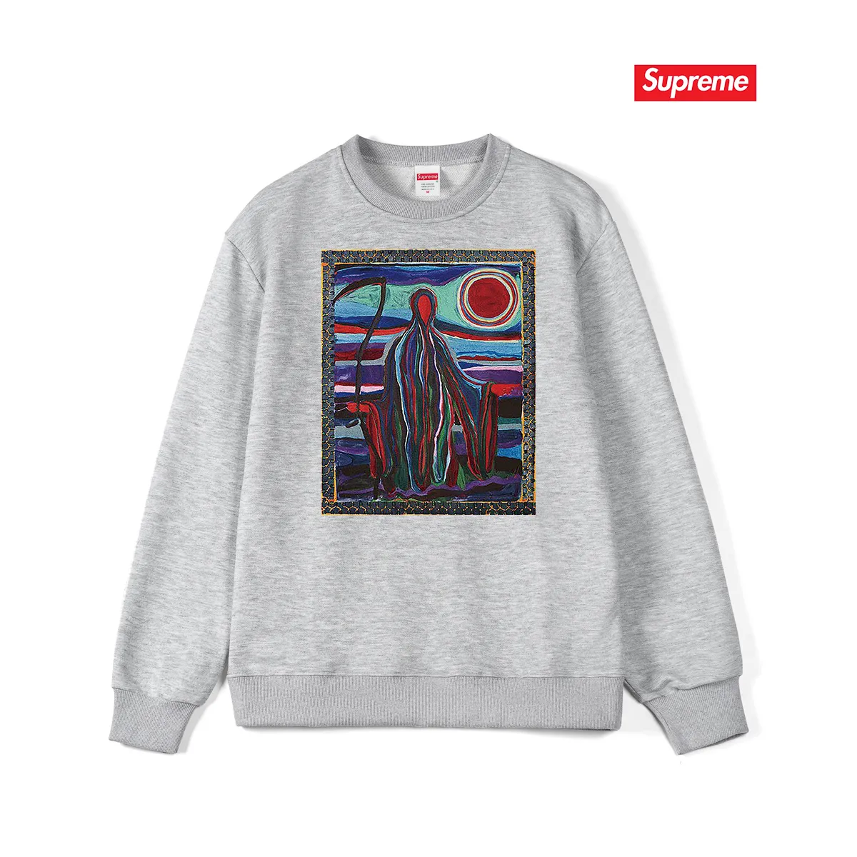 Style No. S1040 #terryp150💰 Velvet 160💰 Supreme SS19 Reaper Tee Reaper print crew neck sweatshirt Made of 400g large terry (drop shoulder large version) fabric, soft and non-pilling texture, imported environmentally friendly printing glue, bright and three-dimensional pattern, quality 💥unisex style, trendy upper body, color: black, white, gray, size: S M L XL XXL