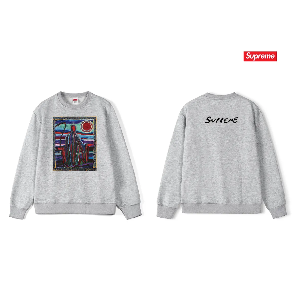 Style No. S1040 #terryp150💰 Velvet 160💰 Supreme SS19 Reaper Tee Reaper print crew neck sweatshirt Made of 400g large terry (drop shoulder large version) fabric, soft and non-pilling texture, imported environmentally friendly printing glue, bright and three-dimensional pattern, quality 💥unisex style, trendy upper body, color: black, white, gray, size: S M L XL XXL
