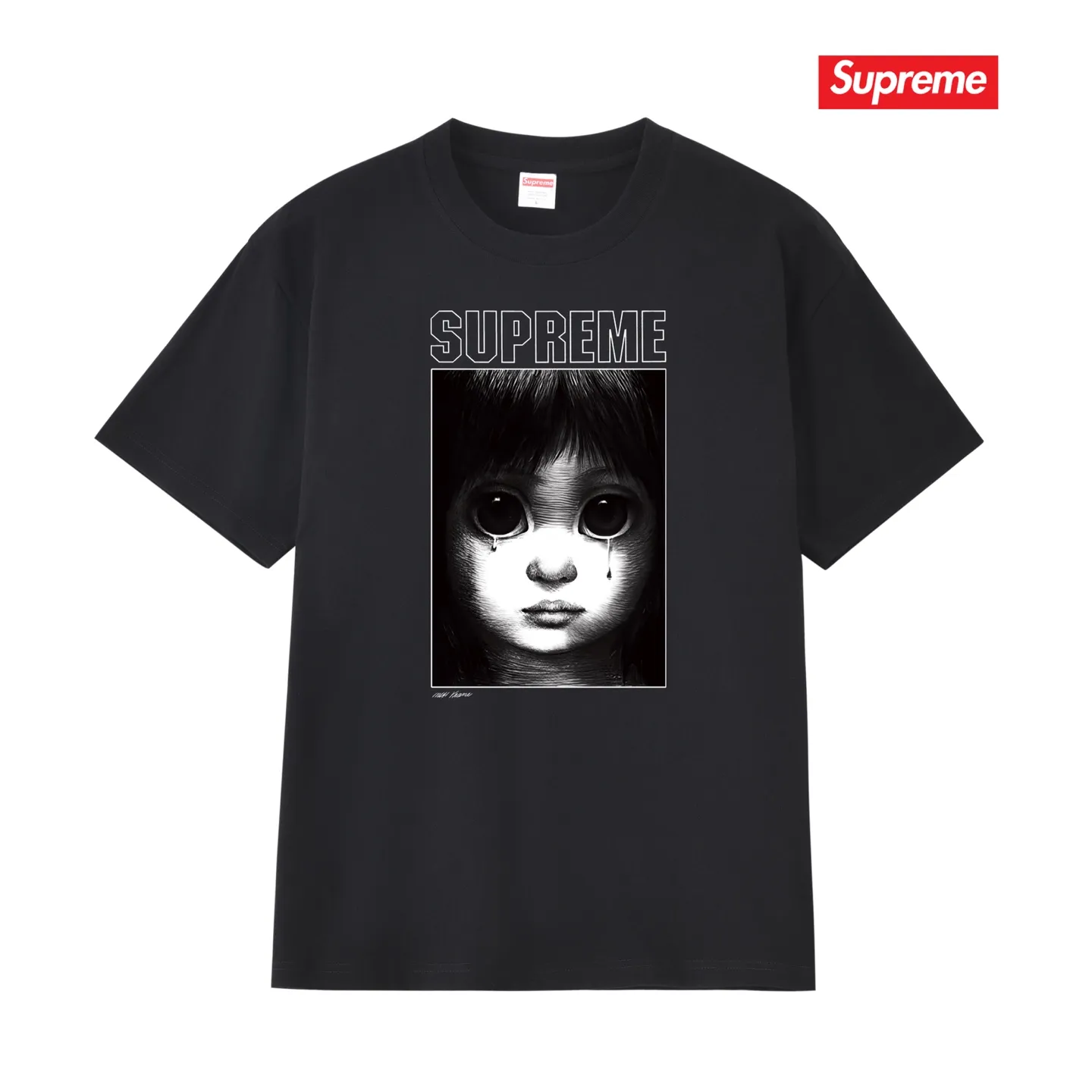 S177 P110💰 Sup SS24 MARGARET KEANE co-branded character pattern printed round neck short-sleeved T-shirt for men and women. Loose fit. Made of 260 grams of combed cotton double yarn. All three standards are complete from fabrics to accessories. ZP. Imported Matsui company slurry printing will never crack. The whole piece adopts three-needle five-thread technology. The neckline-shoulder seam-sleeve seam is double-lined, which looks more three-dimensional and textured.) The same process as the original version, classic version Feel free to compare zp. The whole piece adopts three-needle five-thread craftsmanship (neckline-shoulder seam-sleeve seam double thread, which looks more three-dimensional and textured). It has the same craftsmanship as the original original, classic version. Color: black, white, navy blue, light gray, pink. Size: S M L XL XXL