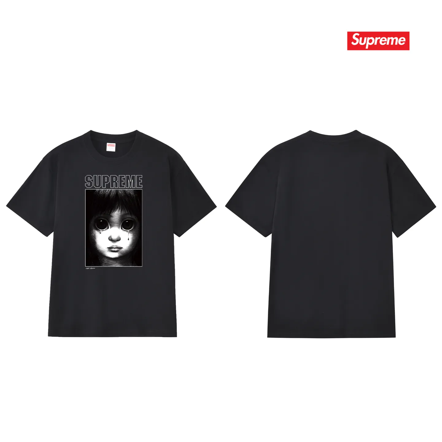 S177 P110💰 Sup SS24 MARGARET KEANE co-branded character pattern printed round neck short-sleeved T-shirt for men and women. Loose fit. Made of 260 grams of combed cotton double yarn. All three standards are complete from fabrics to accessories. ZP. Imported Matsui company slurry printing will never crack. The whole piece adopts three-needle five-thread technology. The neckline-shoulder seam-sleeve seam is double-lined, which looks more three-dimensional and textured.) The same process as the original version, classic version Feel free to compare zp. The whole piece adopts three-needle five-thread craftsmanship (neckline-shoulder seam-sleeve seam double thread, which looks more three-dimensional and textured). It has the same craftsmanship as the original original, classic version. Color: black, white, navy blue, light gray, pink. Size: S M L XL XXL