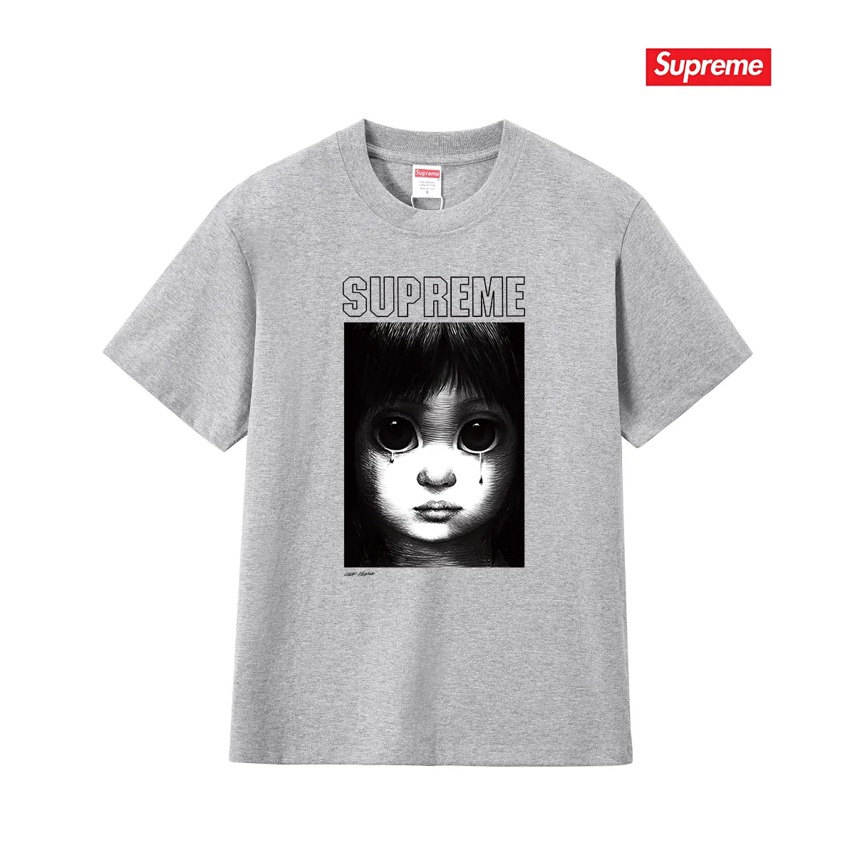 S177 P110💰 Sup SS24 MARGARET KEANE co-branded character pattern printed round neck short-sleeved T-shirt for men and women. Loose fit. Made of 260 grams of combed cotton double yarn. All three standards are complete from fabrics to accessories. ZP. Imported Matsui company slurry printing will never crack. The whole piece adopts three-needle five-thread technology. The neckline-shoulder seam-sleeve seam is double-lined, which looks more three-dimensional and textured.) The same process as the original version, classic version Feel free to compare zp. The whole piece adopts three-needle five-thread craftsmanship (neckline-shoulder seam-sleeve seam double thread, which looks more three-dimensional and textured). It has the same craftsmanship as the original original, classic version. Color: black, white, navy blue, light gray, pink. Size: S M L XL XXL