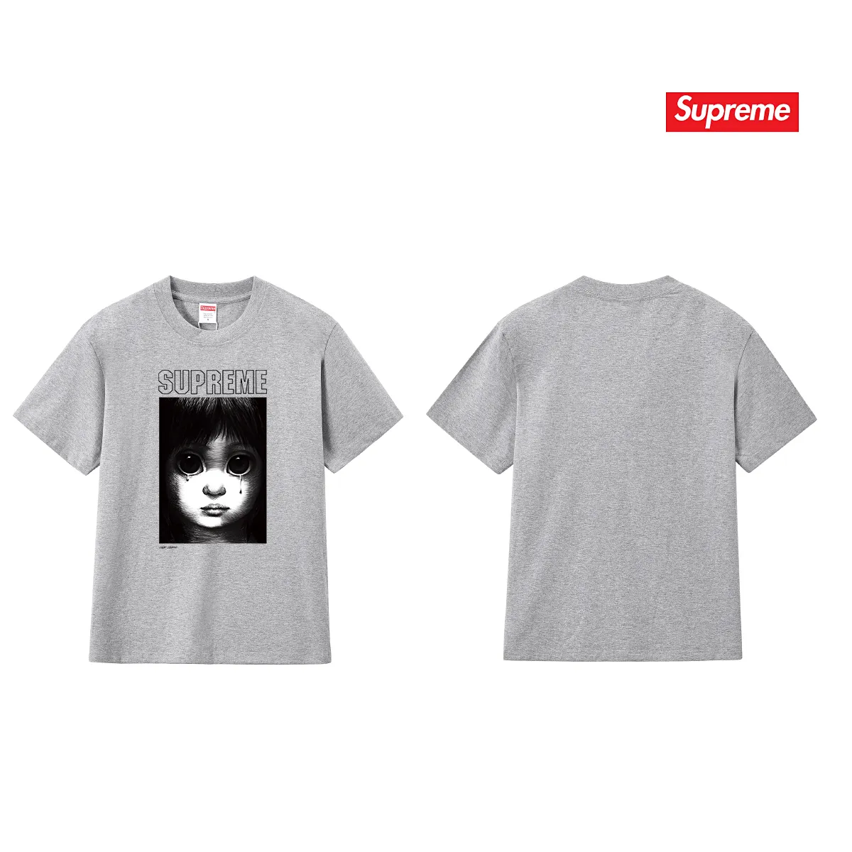 S177 P110💰 Sup SS24 MARGARET KEANE co-branded character pattern printed round neck short-sleeved T-shirt for men and women. Loose fit. Made of 260 grams of combed cotton double yarn. All three standards are complete from fabrics to accessories. ZP. Imported Matsui company slurry printing will never crack. The whole piece adopts three-needle five-thread technology. The neckline-shoulder seam-sleeve seam is double-lined, which looks more three-dimensional and textured.) The same process as the original version, classic version Feel free to compare zp. The whole piece adopts three-needle five-thread craftsmanship (neckline-shoulder seam-sleeve seam double thread, which looks more three-dimensional and textured). It has the same craftsmanship as the original original, classic version. Color: black, white, navy blue, light gray, pink. Size: S M L XL XXL