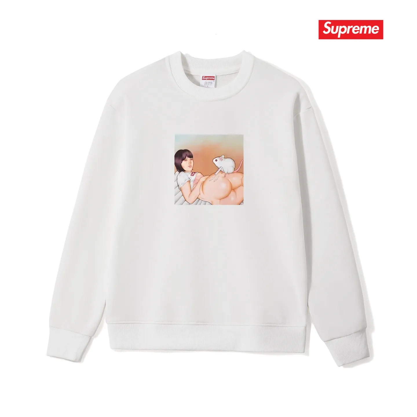 Style No. S1171 #terry p150💰 plus velvet 160💰 New Sup Funny Beauty Mouse Print Round Neck Sweater Made of 400g large terry (drop shoulder large version) fabric, soft texture and no pilling Imported environmentally friendly printing glue The pattern is bright and three-dimensional Quality💥Same style for men and women The upper body is trendy Color: Black White Gray Size: S M L XL XXL
