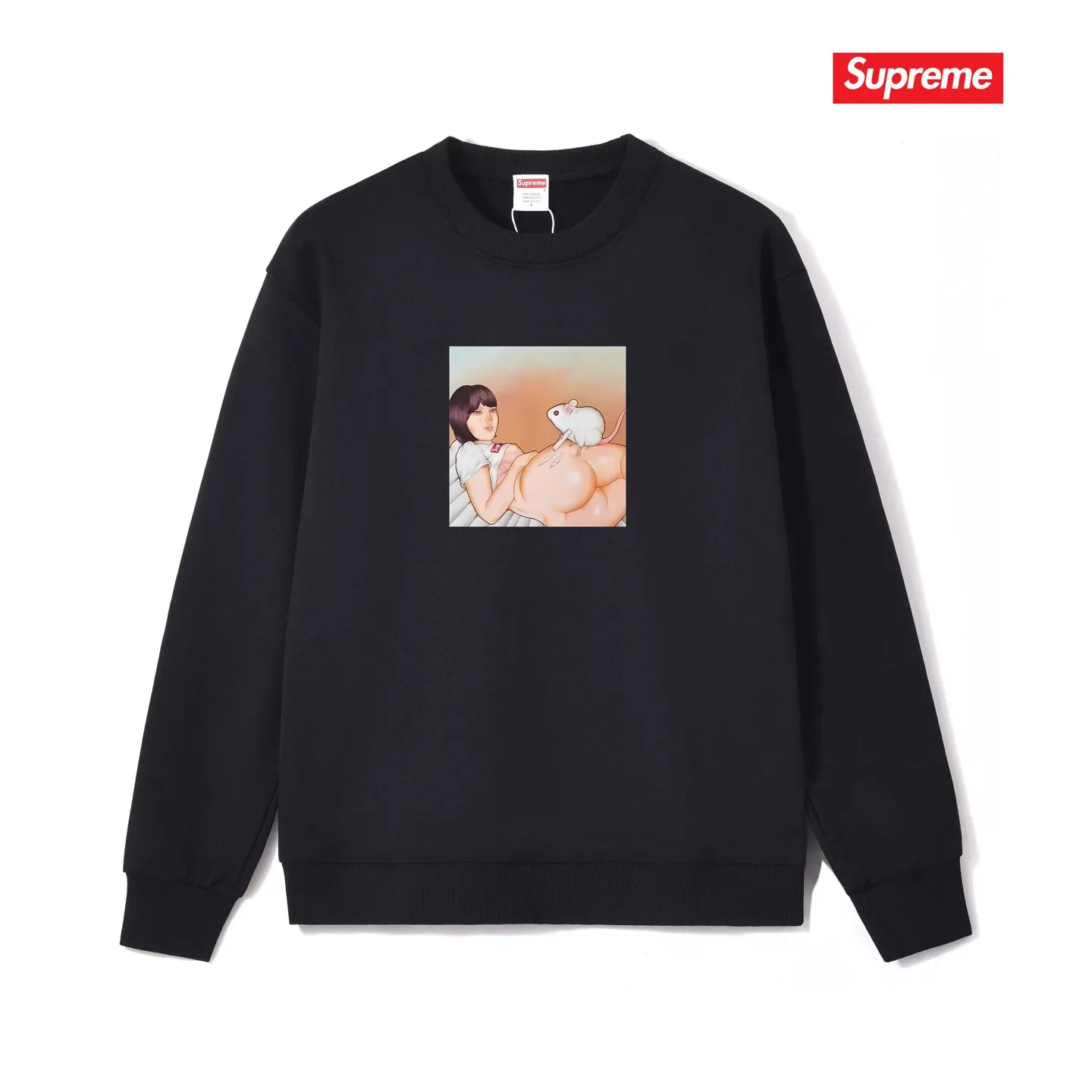 Style No. S1171 #terry p150💰 plus velvet 160💰 New Sup Funny Beauty Mouse Print Round Neck Sweater Made of 400g large terry (drop shoulder large version) fabric, soft texture and no pilling Imported environmentally friendly printing glue The pattern is bright and three-dimensional Quality💥Same style for men and women The upper body is trendy Color: Black White Gray Size: S M L XL XXL