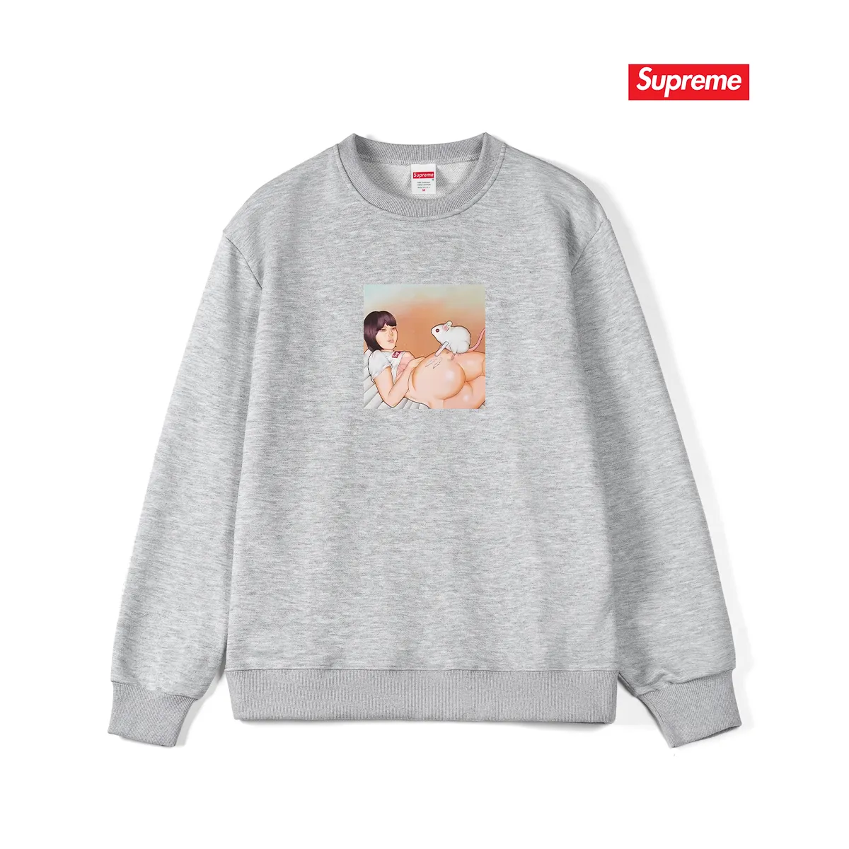 Style No. S1171 #terry p150💰 plus velvet 160💰 New Sup Funny Beauty Mouse Print Round Neck Sweater Made of 400g large terry (drop shoulder large version) fabric, soft texture and no pilling Imported environmentally friendly printing glue The pattern is bright and three-dimensional Quality💥Same style for men and women The upper body is trendy Color: Black White Gray Size: S M L XL XXL