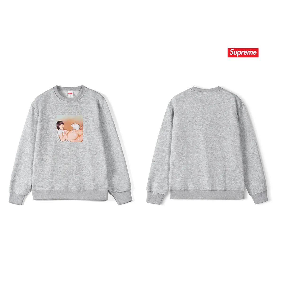 Style No. S1171 #terry p150💰 plus velvet 160💰 New Sup Funny Beauty Mouse Print Round Neck Sweater Made of 400g large terry (drop shoulder large version) fabric, soft texture and no pilling Imported environmentally friendly printing glue The pattern is bright and three-dimensional Quality💥Same style for men and women The upper body is trendy Color: Black White Gray Size: S M L XL XXL