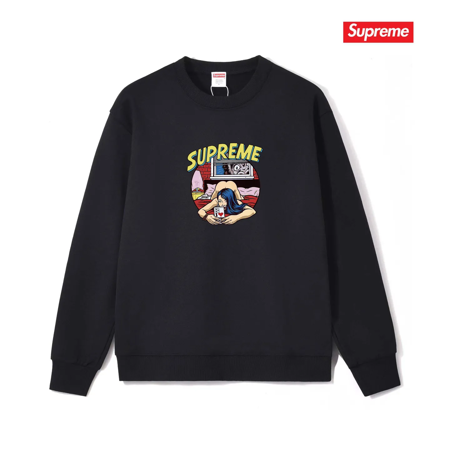 Style No. S1132 #terry p150💰 Velvet 160💰 Sup 80SS BEDROOM Bedroom Comic Girl Recumbent Round Neck Sweater Made of 400g large terry (drop shoulder large version) fabric, soft texture and no pilling Imported environmentally friendly printing glue The pattern is bright and three-dimensional Quality 💥Same style for men and women The upper body is trendy Color: Black White Gray Size: S M L XL XXL
