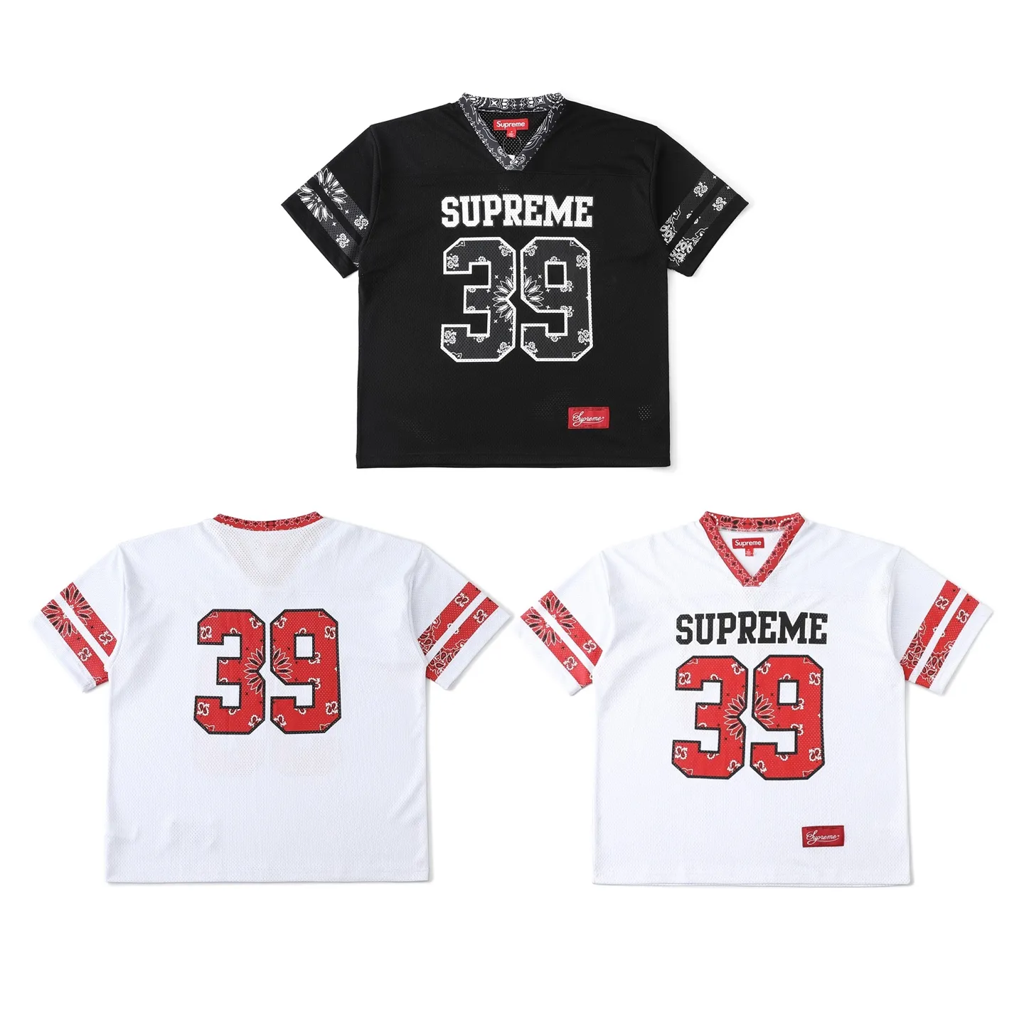 🅿️210 S296 Supreme SS25 WEEK14 Bandana Football Jersey logo Cashew flower element printed mesh American trendy football jersey, same style for men and women. Customized 250g mesh fabric. Imported glue printing. Multiple debugging. The color is correct. The pigment will not be printed into the mesh. The quality details are consistent with YB. The accessories are complete. A must-have for fashionistas. Color: black white (175 145 try on M) Size: S M L XL Bust Length Shoulder Width Sleeve Length S: 120 72 59 23 M: 124 74 60 24 L: 128 76 61 25 XL: 132 78 62 25.5