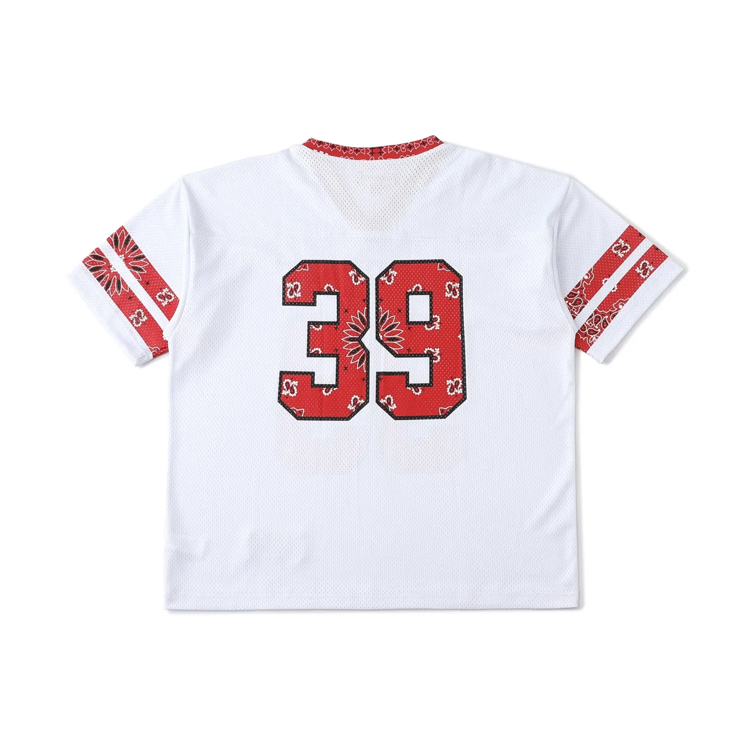 🅿️210 S296 Supreme SS25 WEEK14 Bandana Football Jersey logo Cashew flower element printed mesh American trendy football jersey, same style for men and women. Customized 250g mesh fabric. Imported glue printing. Multiple debugging. The color is correct. The pigment will not be printed into the mesh. The quality details are consistent with YB. The accessories are complete. A must-have for fashionistas. Color: black white (175 145 try on M) Size: S M L XL Bust Length Shoulder Width Sleeve Length S: 120 72 59 23 M: 124 74 60 24 L: 128 76 61 25 XL: 132 78 62 25.5