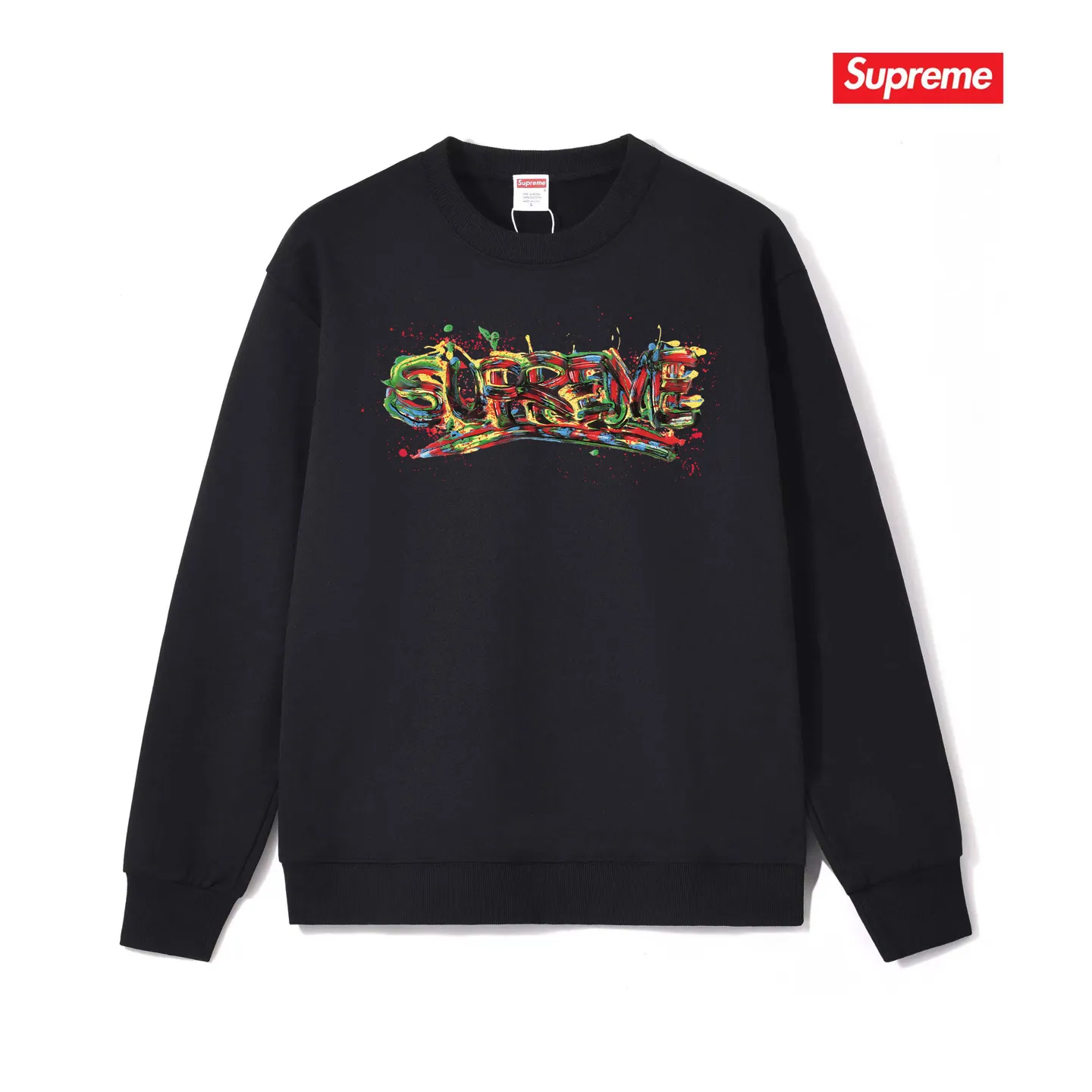 Style No. S1224 #terry p150💰 Velvet 160💰 Sup 70SS Paint Logo Tee Season Spray Paint Graffiti Round Neck Sweater Made of 400g large terry (drop shoulder large version) fabric, soft texture and no pilling Imported environmentally friendly printing glue The pattern is bright and three-dimensional Quality 💥Same style for men and women The upper body is trendy Color: Black White Gray Size: S M L XL XXL