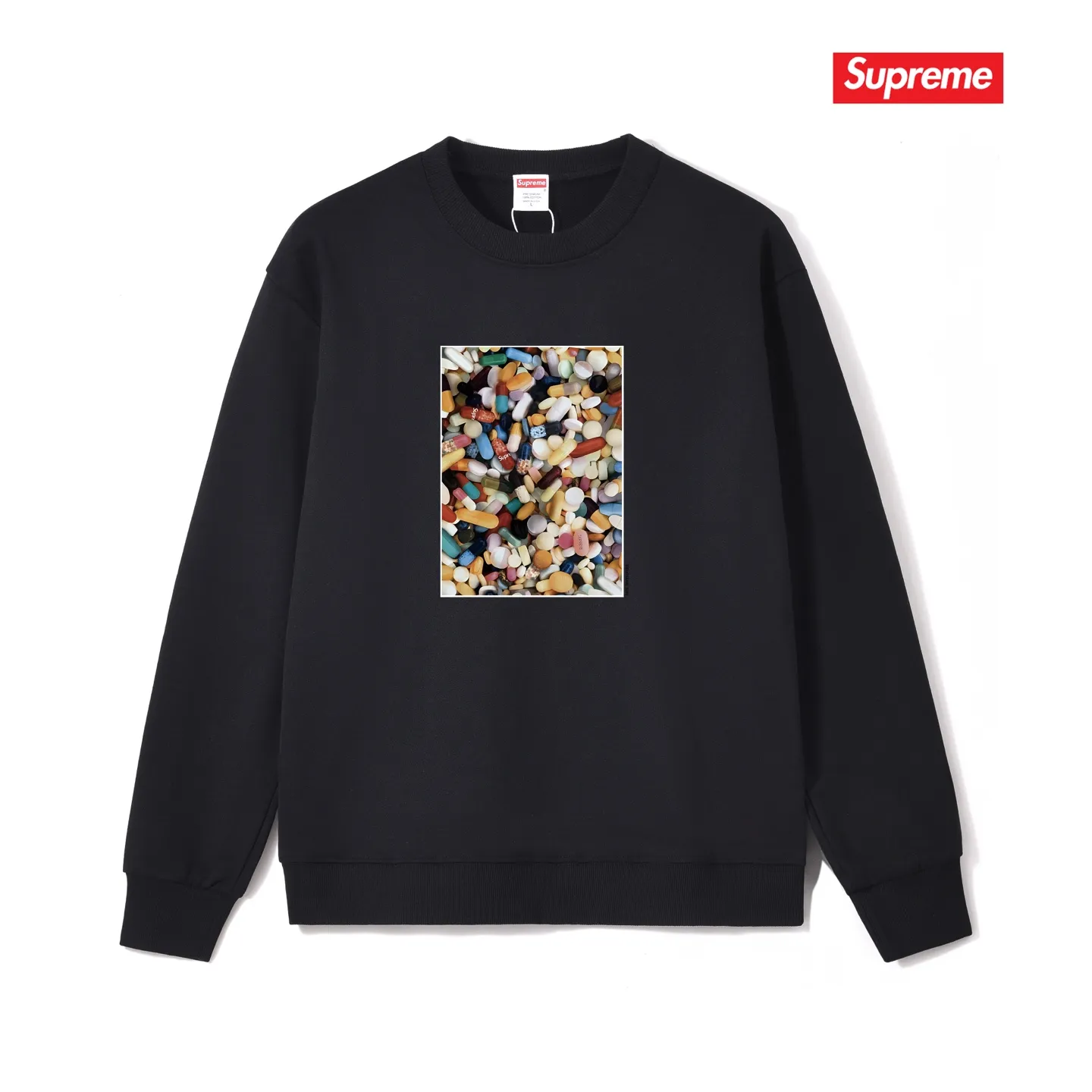 Style No. S1014 #terry p150💰 Velvet 160💰 Supreme Week 7 Pills Tee Pills Tee Printed Round Neck Sweater Made of 400g large terry (drop shoulder large version) fabric, soft and non-pilling texture, imported environmentally friendly printing glue, bright and three-dimensional pattern, quality💥unisex style, trendy upper body, color: black, white, gray, size: S M L XL XXL