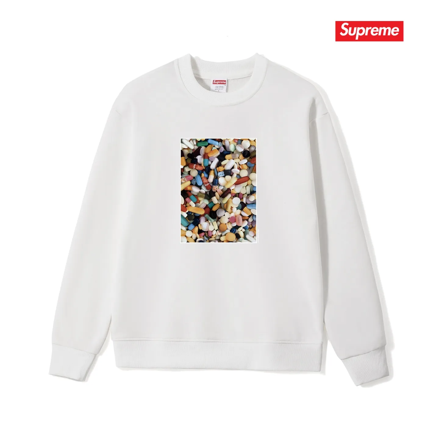 Style No. S1014 #terry p150💰 Velvet 160💰 Supreme Week 7 Pills Tee Pills Tee Printed Round Neck Sweater Made of 400g large terry (drop shoulder large version) fabric, soft and non-pilling texture, imported environmentally friendly printing glue, bright and three-dimensional pattern, quality💥unisex style, trendy upper body, color: black, white, gray, size: S M L XL XXL
