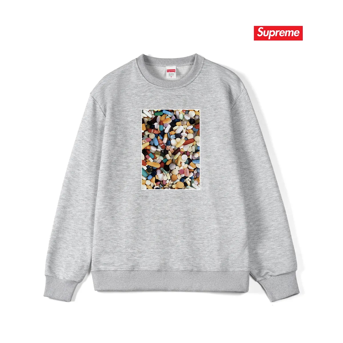 Style No. S1014 #terry p150💰 Velvet 160💰 Supreme Week 7 Pills Tee Pills Tee Printed Round Neck Sweater Made of 400g large terry (drop shoulder large version) fabric, soft and non-pilling texture, imported environmentally friendly printing glue, bright and three-dimensional pattern, quality💥unisex style, trendy upper body, color: black, white, gray, size: S M L XL XXL
