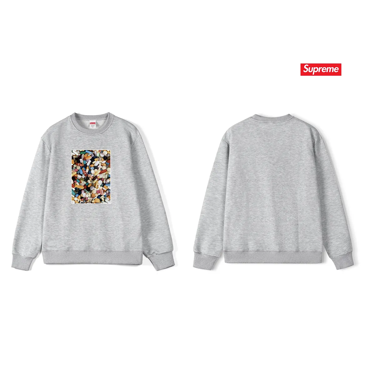 Style No. S1014 #terry p150💰 Velvet 160💰 Supreme Week 7 Pills Tee Pills Tee Printed Round Neck Sweater Made of 400g large terry (drop shoulder large version) fabric, soft and non-pilling texture, imported environmentally friendly printing glue, bright and three-dimensional pattern, quality💥unisex style, trendy upper body, color: black, white, gray, size: S M L XL XXL