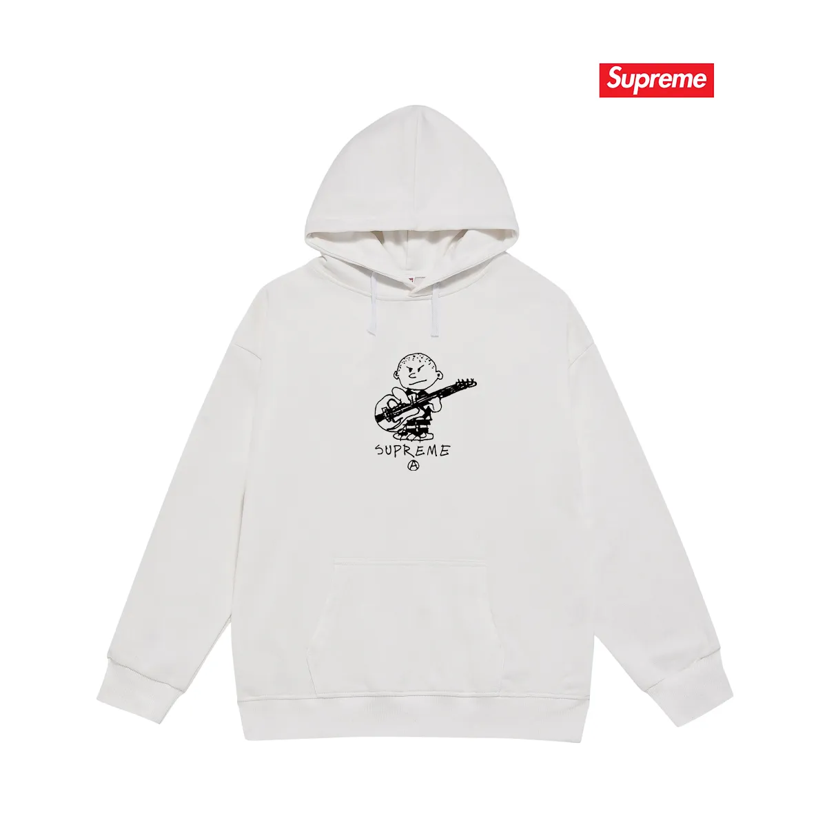 Style No. S2160 #terry P160💰 Velvet P170💰 Sup 72FW Rocker Tee rock guitarist child cartoon pattern hooded sweatshirt Made of 400g large terry 430g silver fox velvet (drop shoulder large version) fabric, soft texture and no pilling Imported environmentally friendly printing glue The pattern is bright and three-dimensional Quality 💥 Unisex style The upper body is trendy Color: black white gray Size: S M L XL XXL
