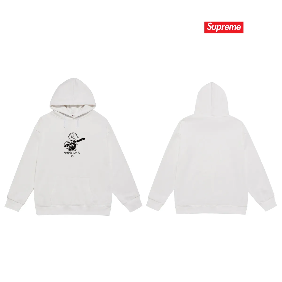 Style No. S2160 #terry P160💰 Velvet P170💰 Sup 72FW Rocker Tee rock guitarist child cartoon pattern hooded sweatshirt Made of 400g large terry 430g silver fox velvet (drop shoulder large version) fabric, soft texture and no pilling Imported environmentally friendly printing glue The pattern is bright and three-dimensional Quality 💥 Unisex style The upper body is trendy Color: black white gray Size: S M L XL XXL