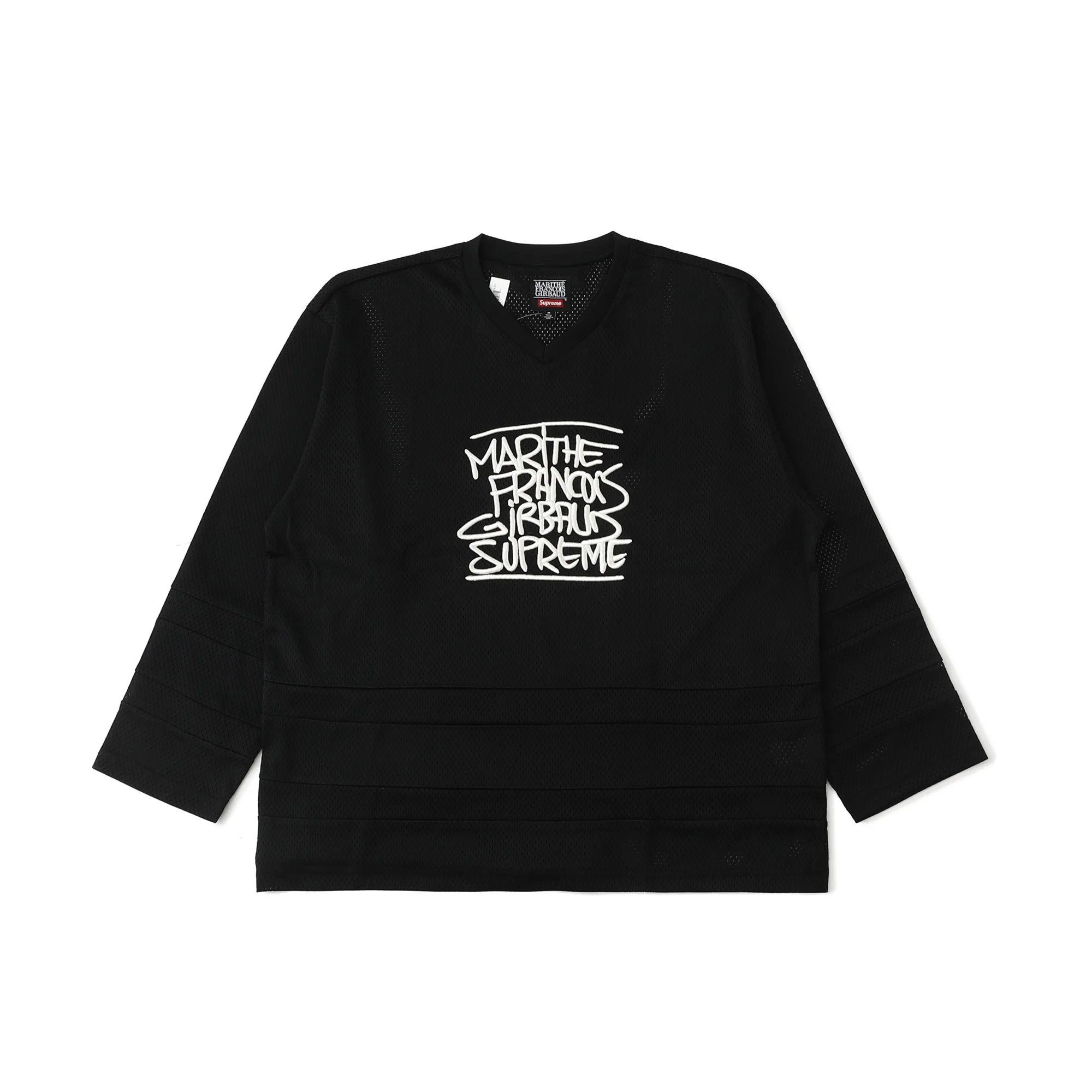 🅿️240 S297 Supreme Marithé François Girbaud co-branded loose mesh American ice hockey jersey with logo embroidered on the chest. Same style for men and women. 250g mesh fabric. Customized accessories. Complete color. Black. White. Loose fit. Size: S M L 53 57 M 73 122 55 58 L 75 126 57 59 XL 77 130 59 60