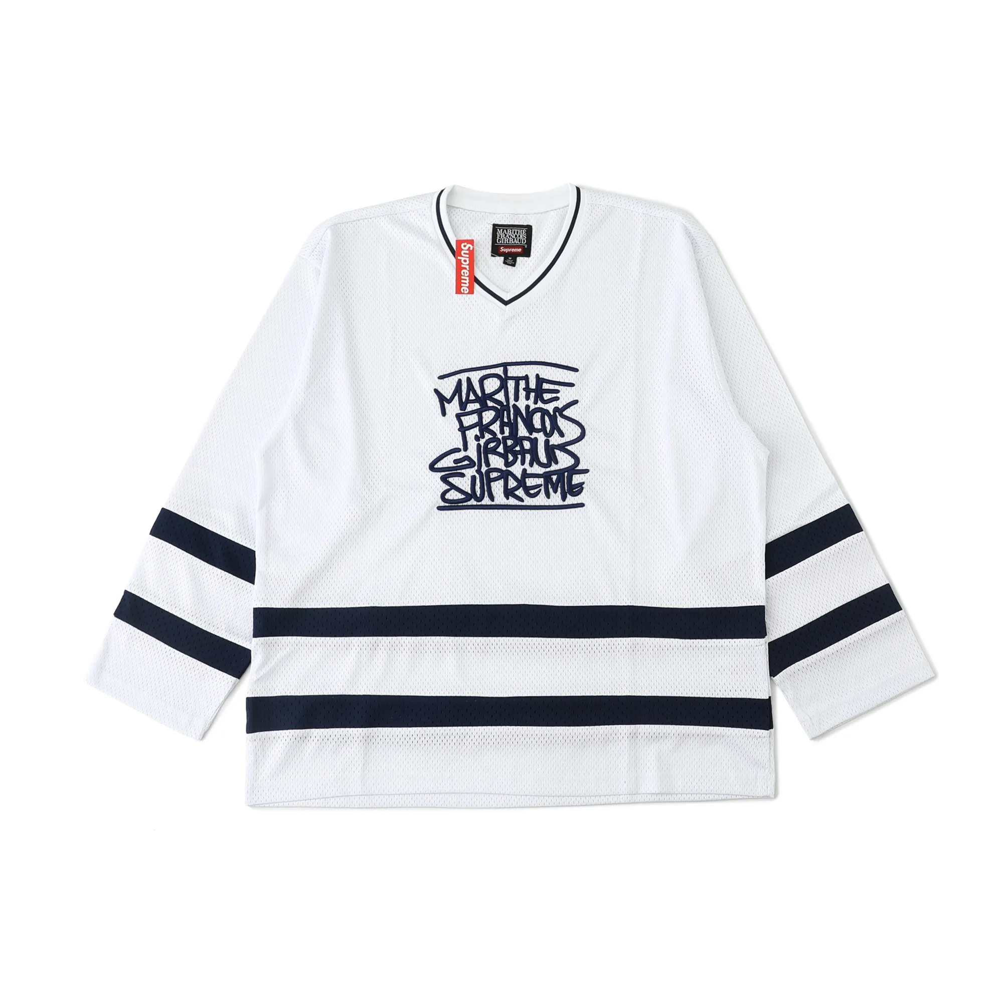 🅿️240 S297 Supreme Marithé François Girbaud co-branded loose mesh American ice hockey jersey with logo embroidered on the chest. Same style for men and women. 250g mesh fabric. Customized accessories. Complete color. Black. White. Loose fit. Size: S M L 53 57 M 73 122 55 58 L 75 126 57 59 XL 77 130 59 60