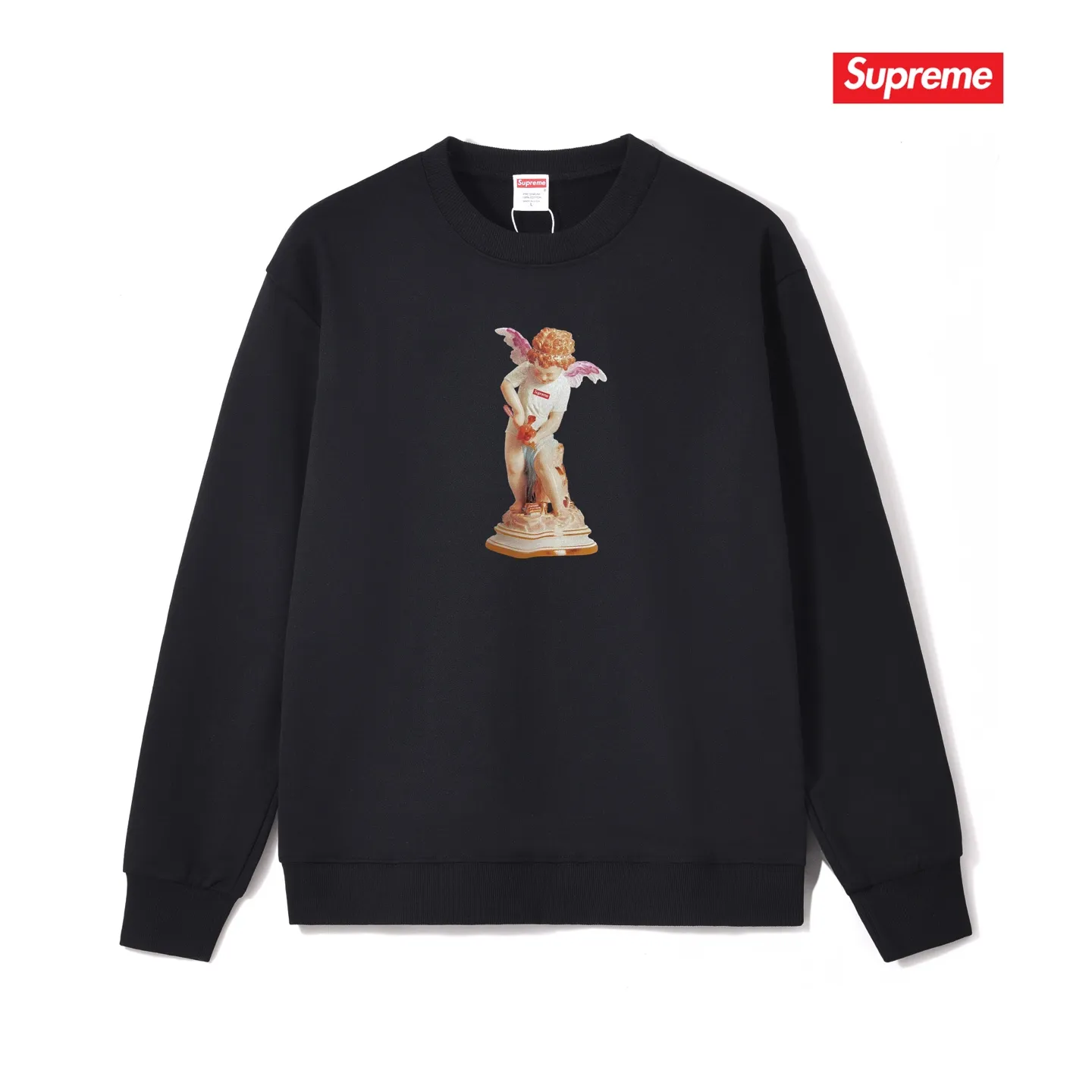 Style number S1011 #terry p150💰 Velvet 160💰 Supreme SS19 Cupid Tee Navy angel print round neck sweatshirt Made of 400g large terry (drop shoulder large version) fabric, soft texture and no pilling Imported environmentally friendly printing glue The pattern is bright and three-dimensional Quality 💥 Unisex style The upper body is trendy Color: black white gray Size: S M L XL XXL