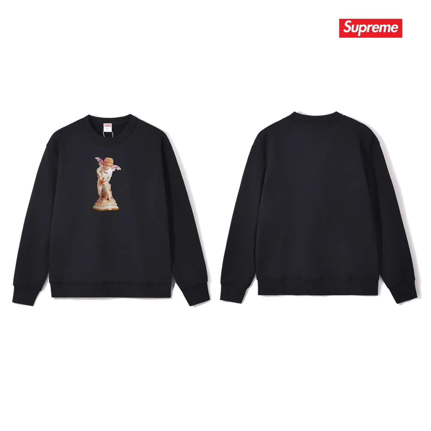 Style number S1011 #terry p150💰 Velvet 160💰 Supreme SS19 Cupid Tee Navy angel print round neck sweatshirt Made of 400g large terry (drop shoulder large version) fabric, soft texture and no pilling Imported environmentally friendly printing glue The pattern is bright and three-dimensional Quality 💥 Unisex style The upper body is trendy Color: black white gray Size: S M L XL XXL