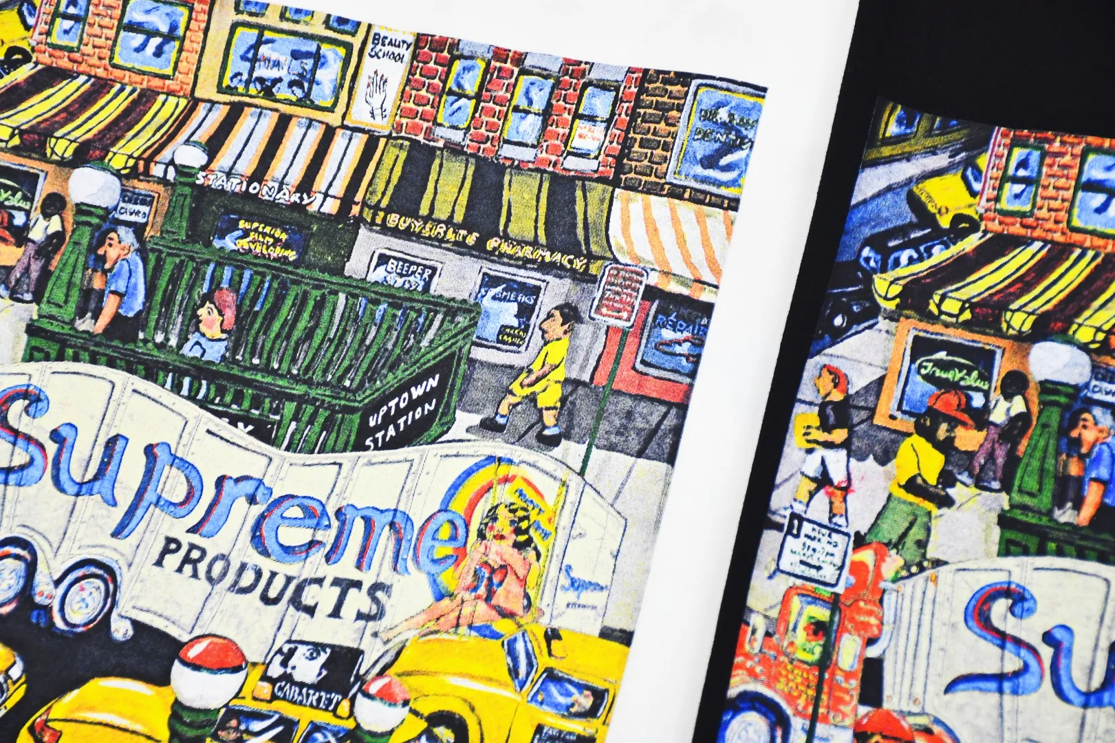 S190💰p140 Top version Supreme SS22 Manhattan Manhattan city street scene cartoon pattern printed short-sleeved T-shirt. For those of us who focus on top-level Sup products, this short-sleeved one is naturally available. It adopts cylindrical seamless technology (original technology, there are no stitched bones on the side of the clothes, the key point of identification) The fabrics are all custom-woven and dyed, 280g weight, 100% cotton, cylindrical fabric. Cylindrical fabric is knitted fabric woven with a cylinder loom. The needles are distributed in a cylindrical shape on the fuselage. The gray fabric is a large cylinder that needs to be opened and shaped before it can be used further. There are no slits on the side of the clothes, so there is no washing label on the side of ordinary short-sleeves. There is only one collar label behind the neck. The printing is printed with thermosetting ink, also known as plastic. Ink, or self-adhesive ink, contains ingredients: mainly composed of polyvinyl chloride (PVC) and phthalates. PVC and phthalates, fixatives, stabilizers, and thickeners are mixed to form a thermal ink. Solid ink is not the digital direct printing advertised on the market. The printing texture of thermoset ink is something that digital direct printing cannot achieve. The collar label has a watermark anti-counterfeiting effect, a real anti-counterfeiting layer, a probability of passing the version, and a high probability of passing the original packaging picture. Size：S-XL