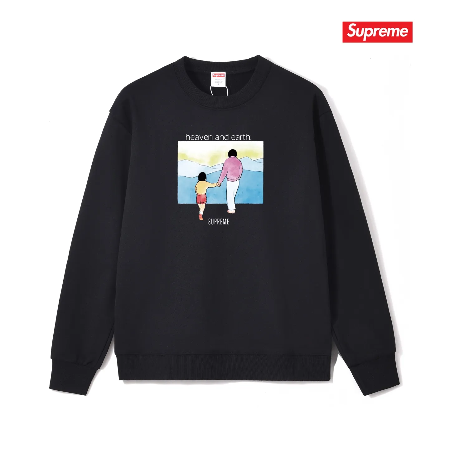 Style No. S1013 #terryp150💰 Velvet 160💰 Supreme FW19 Week 1 Heaven and Earth Tee printed round neck sweatshirt Made of 400g large terry (drop shoulder large version) fabric, soft texture and no pilling Imported environmentally friendly printing glue The pattern is bright and three-dimensional Quality 💥 Same style for men and women The upper body is trendy Color: black white gray Size: S M L XL XXL