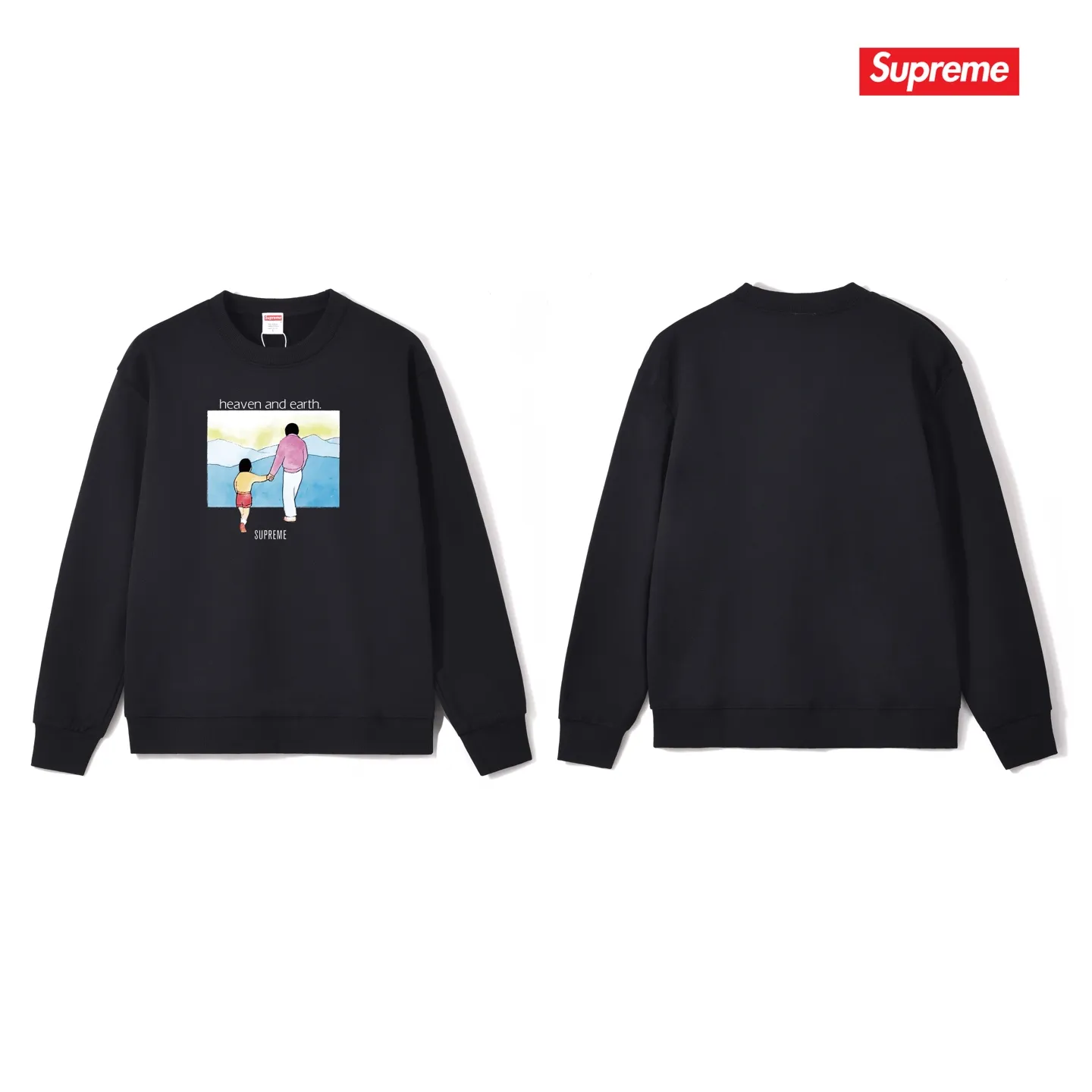 Style No. S1013 #terryp150💰 Velvet 160💰 Supreme FW19 Week 1 Heaven and Earth Tee printed round neck sweatshirt Made of 400g large terry (drop shoulder large version) fabric, soft texture and no pilling Imported environmentally friendly printing glue The pattern is bright and three-dimensional Quality 💥 Same style for men and women The upper body is trendy Color: black white gray Size: S M L XL XXL