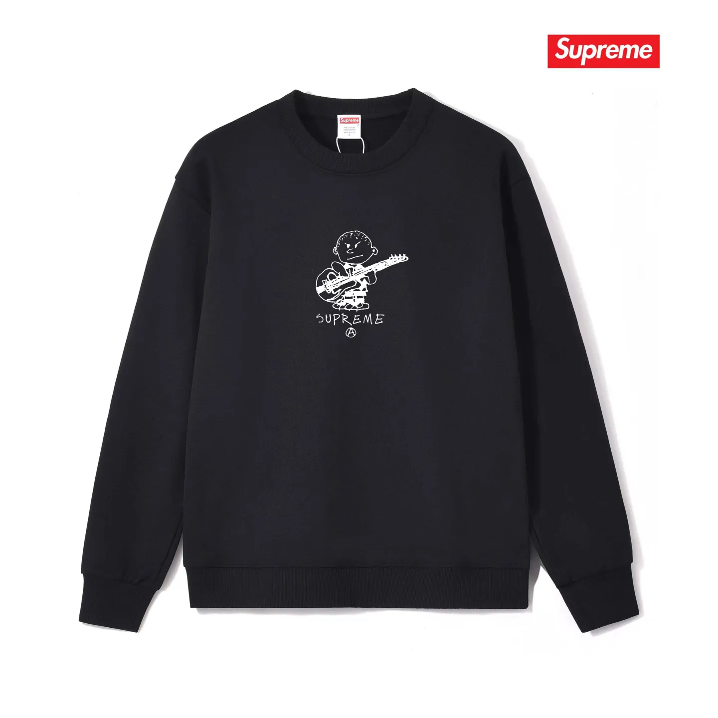 Style No. S1160 #terryp150💰 Plush 160💰 Sup 72FW Rocker Tee Rocker Tee rock guitarist child cartoon pattern round neck sweatshirt Made of 400 grams of large terry (drop shoulder large version) fabric, soft texture and no pilling Imported environmentally friendly printing glue The pattern is bright and three-dimensional Quality 💥Same style for men and women The upper body is fashionable Color: black white gray Size: S M L XL XXL