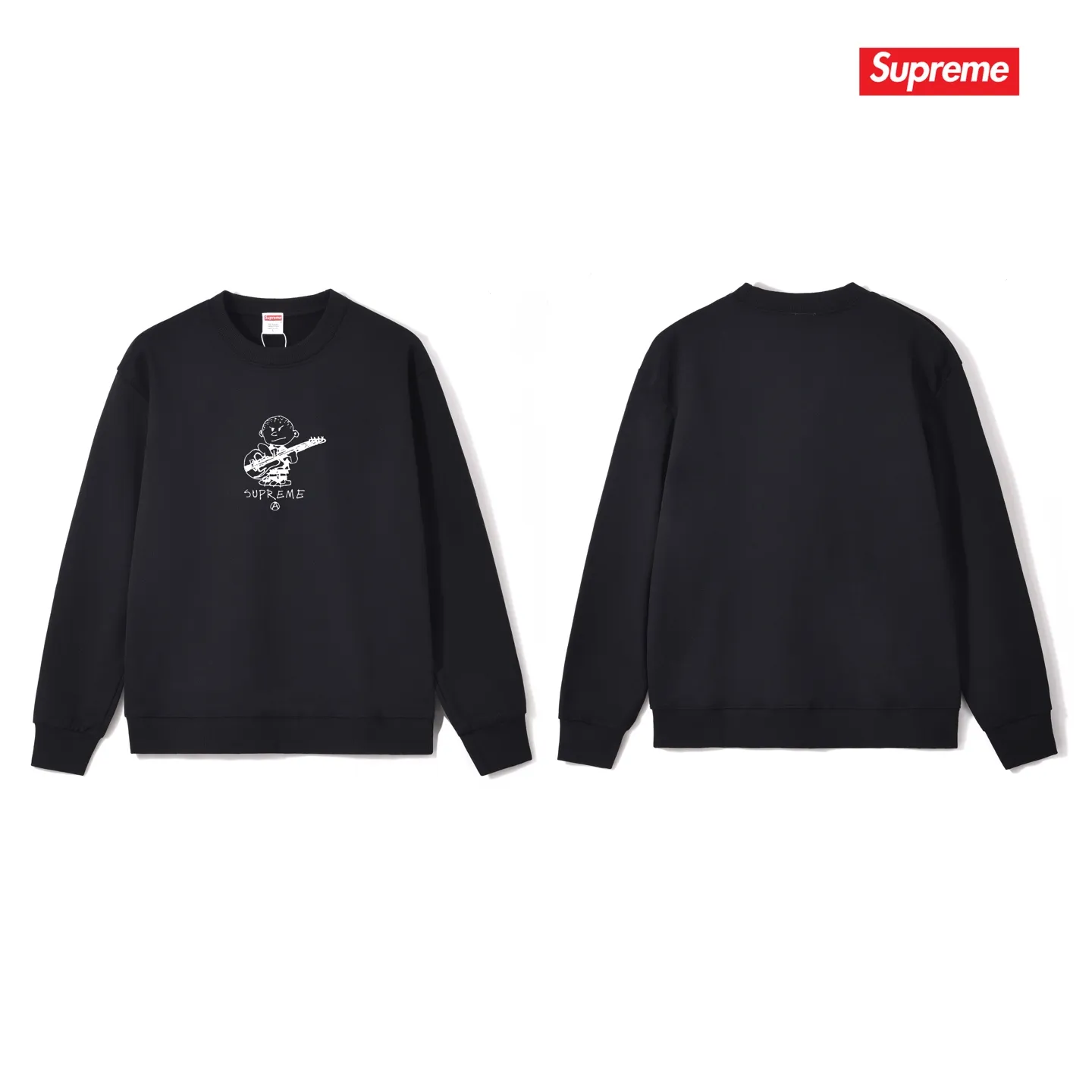 Style No. S1160 #terryp150💰 Plush 160💰 Sup 72FW Rocker Tee Rocker Tee rock guitarist child cartoon pattern round neck sweatshirt Made of 400 grams of large terry (drop shoulder large version) fabric, soft texture and no pilling Imported environmentally friendly printing glue The pattern is bright and three-dimensional Quality 💥Same style for men and women The upper body is fashionable Color: black white gray Size: S M L XL XXL