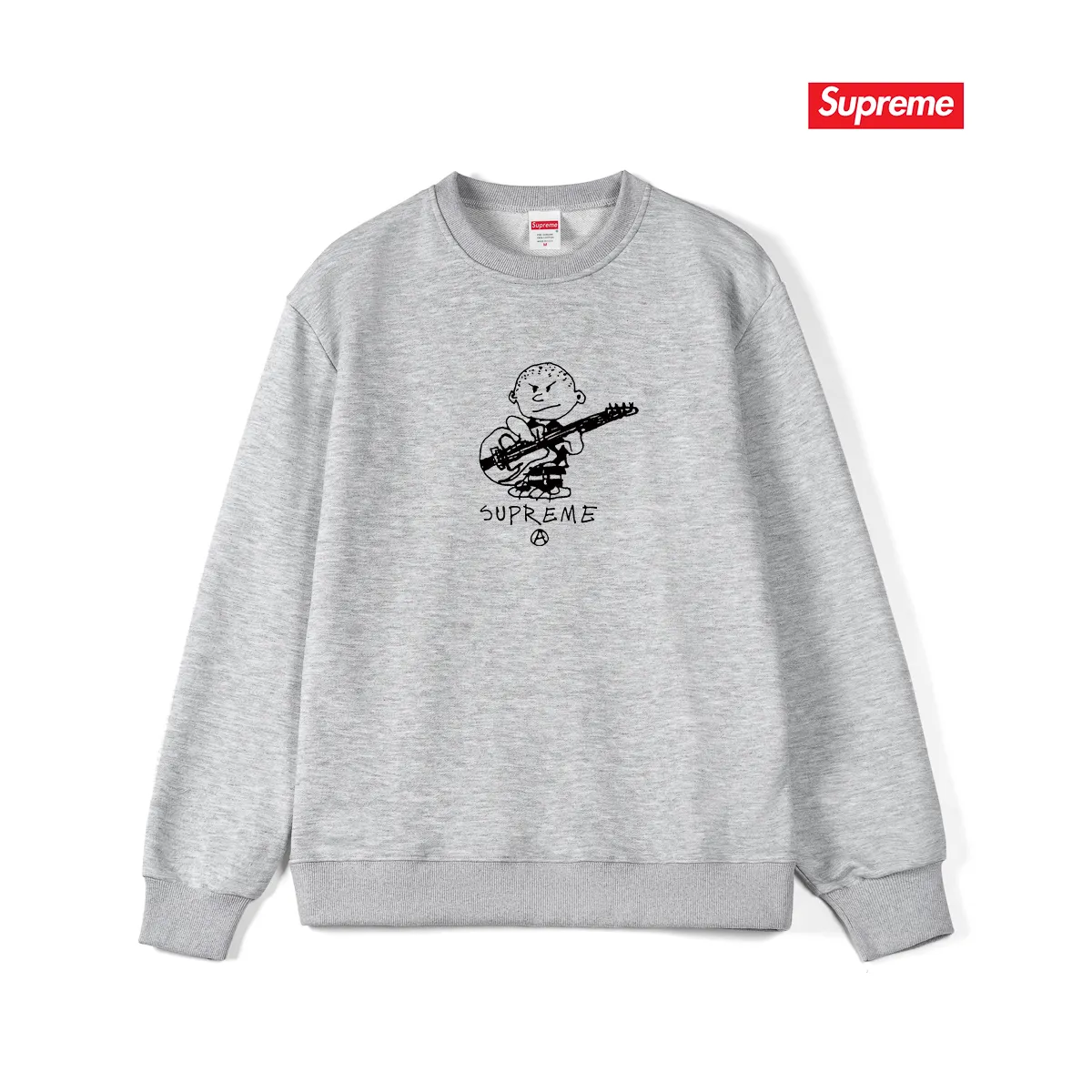Style No. S1160 #terryp150💰 Plush 160💰 Sup 72FW Rocker Tee Rocker Tee rock guitarist child cartoon pattern round neck sweatshirt Made of 400 grams of large terry (drop shoulder large version) fabric, soft texture and no pilling Imported environmentally friendly printing glue The pattern is bright and three-dimensional Quality 💥Same style for men and women The upper body is fashionable Color: black white gray Size: S M L XL XXL