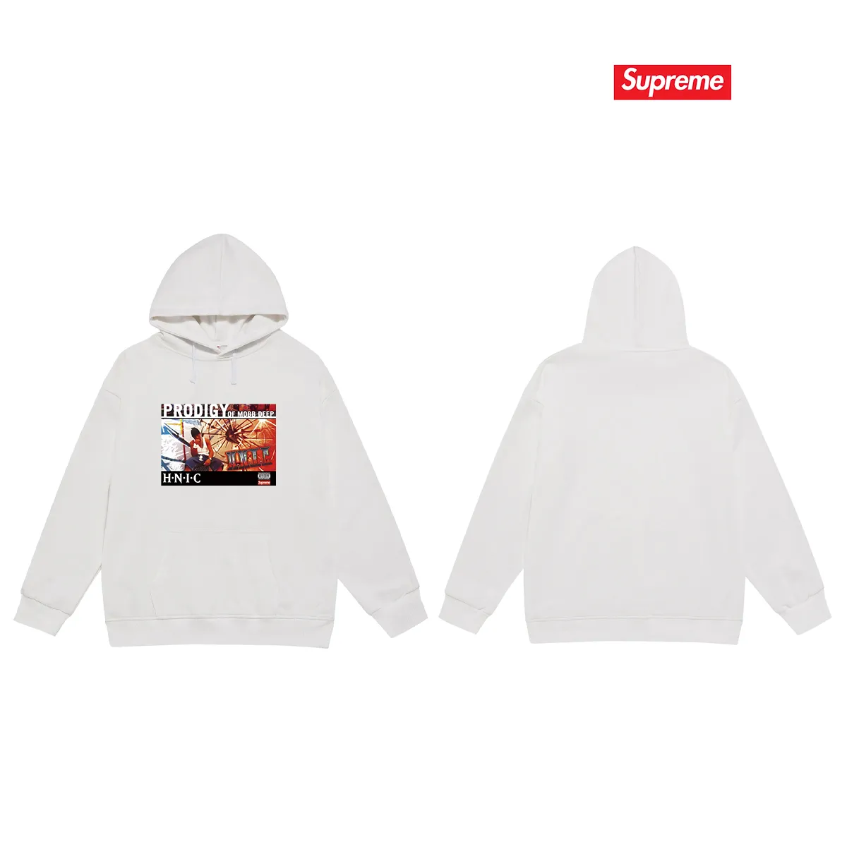 Style No. S2008 #terry P160💰 Velvet P170💰 Supreme Week 1 HNIC Tee rapper print hooded sweatshirt Made of 400g large terry 430g silver fox velvet (drop shoulder large version) fabric, soft texture and no pilling Imported environmentally friendly printing glue The pattern is bright and three-dimensional Quality 💥Same style for men and women The upper body is trendy Color: black white gray Size: S M L XL XXL